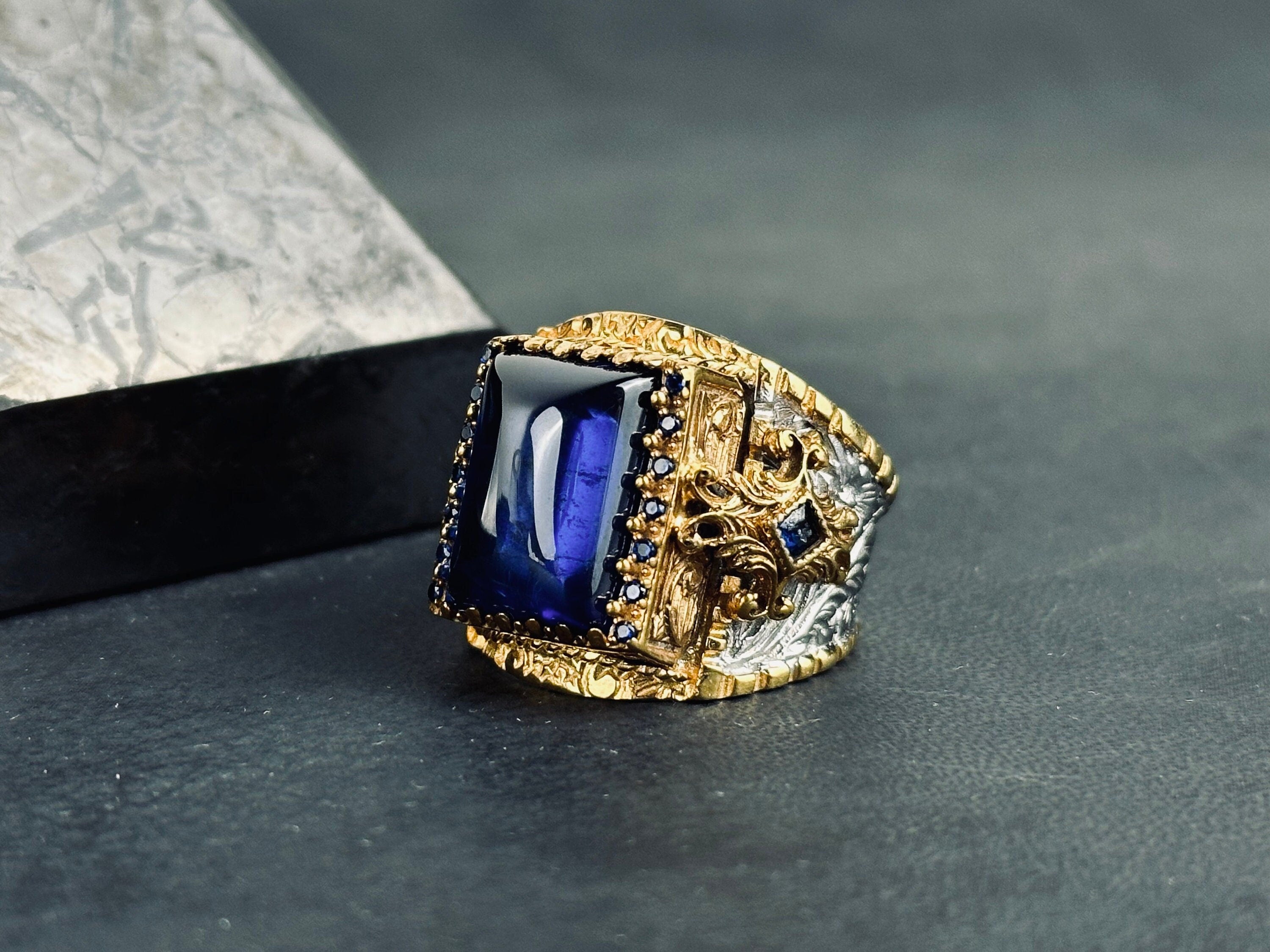 Handmade Silver Cross Ring, Blue Zirconium Square Stone (Men's Sizes)