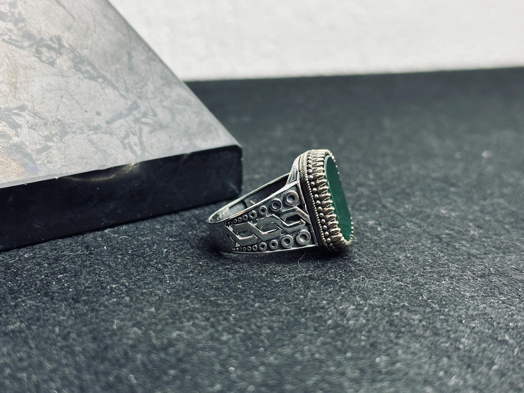 Turkish Sterling Silver Men's Ring, Emerald Agate Square (Vintage Style)