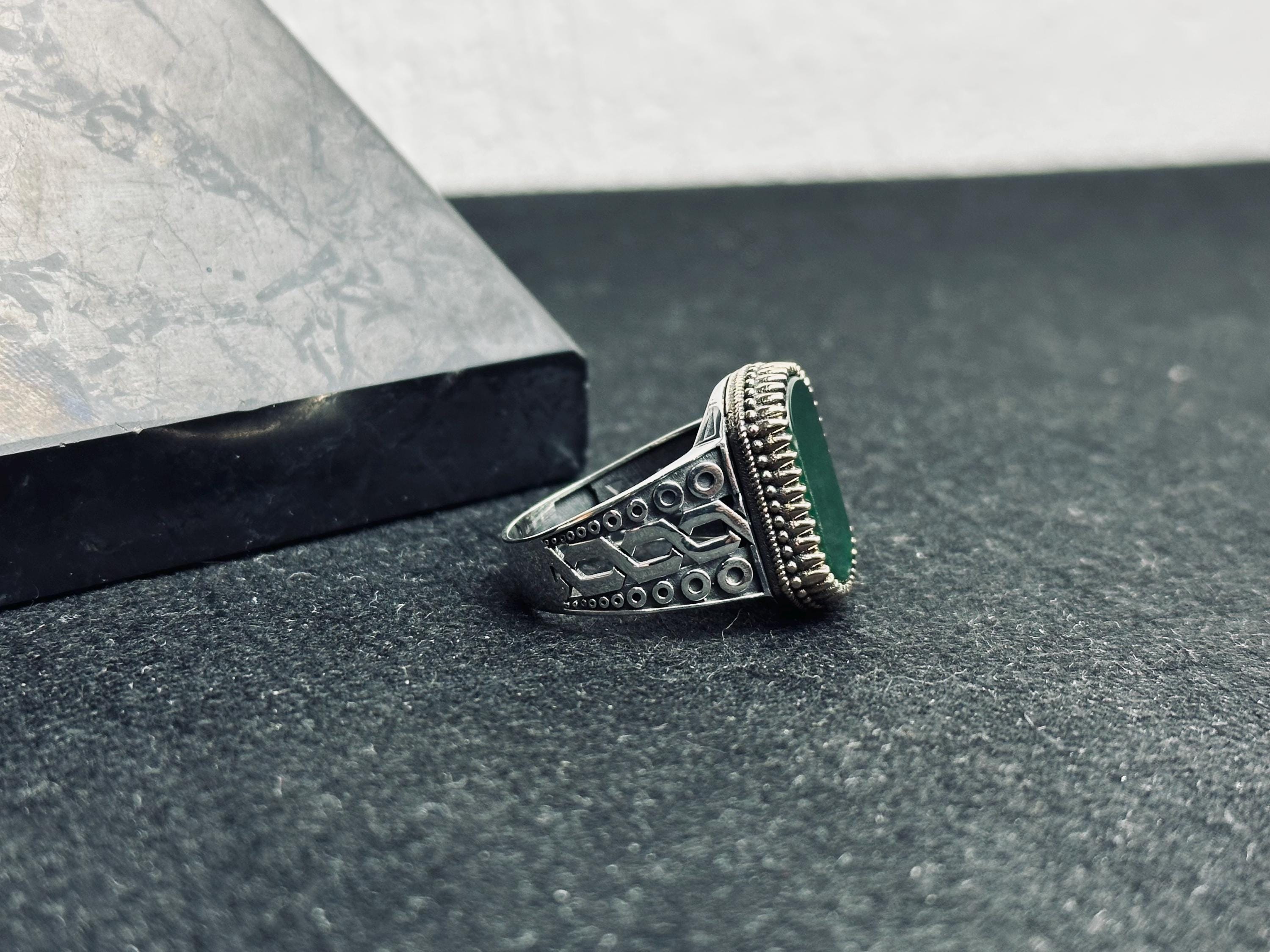 Turkish Sterling Silver Men's Ring, Emerald Agate Square (Vintage Style)