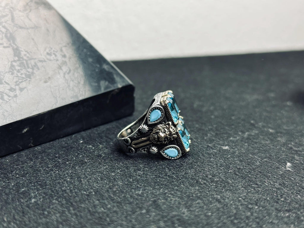 Square Aquamarine Ring: Men's Sterling Silver Statement (Handmade)