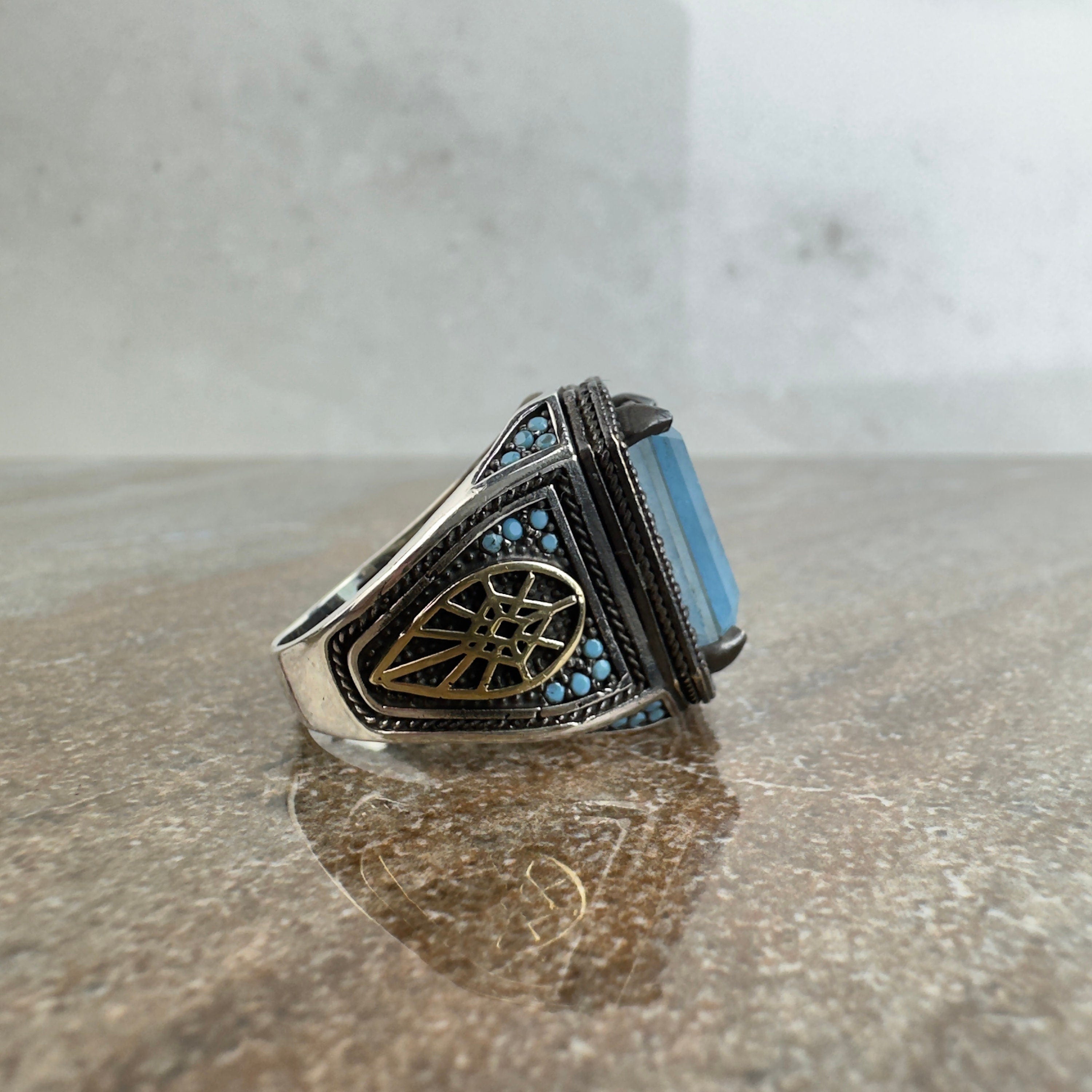Aquamarine Sterling Silver Ring - Handmade Men's Statement Jewelry
