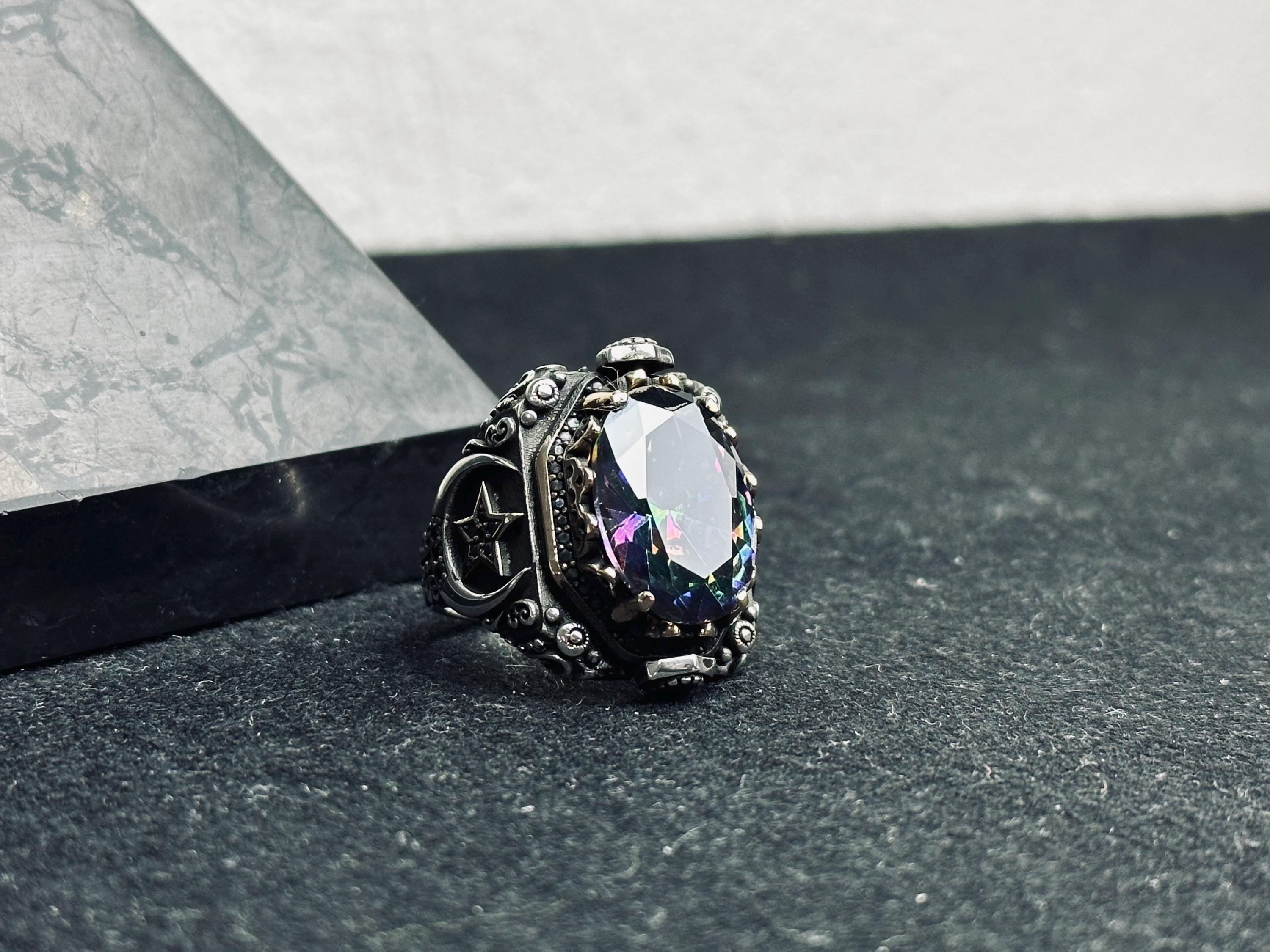 Mystic Topaz Ring: Men's Turkish Sterling Silver (Ottoman Design)