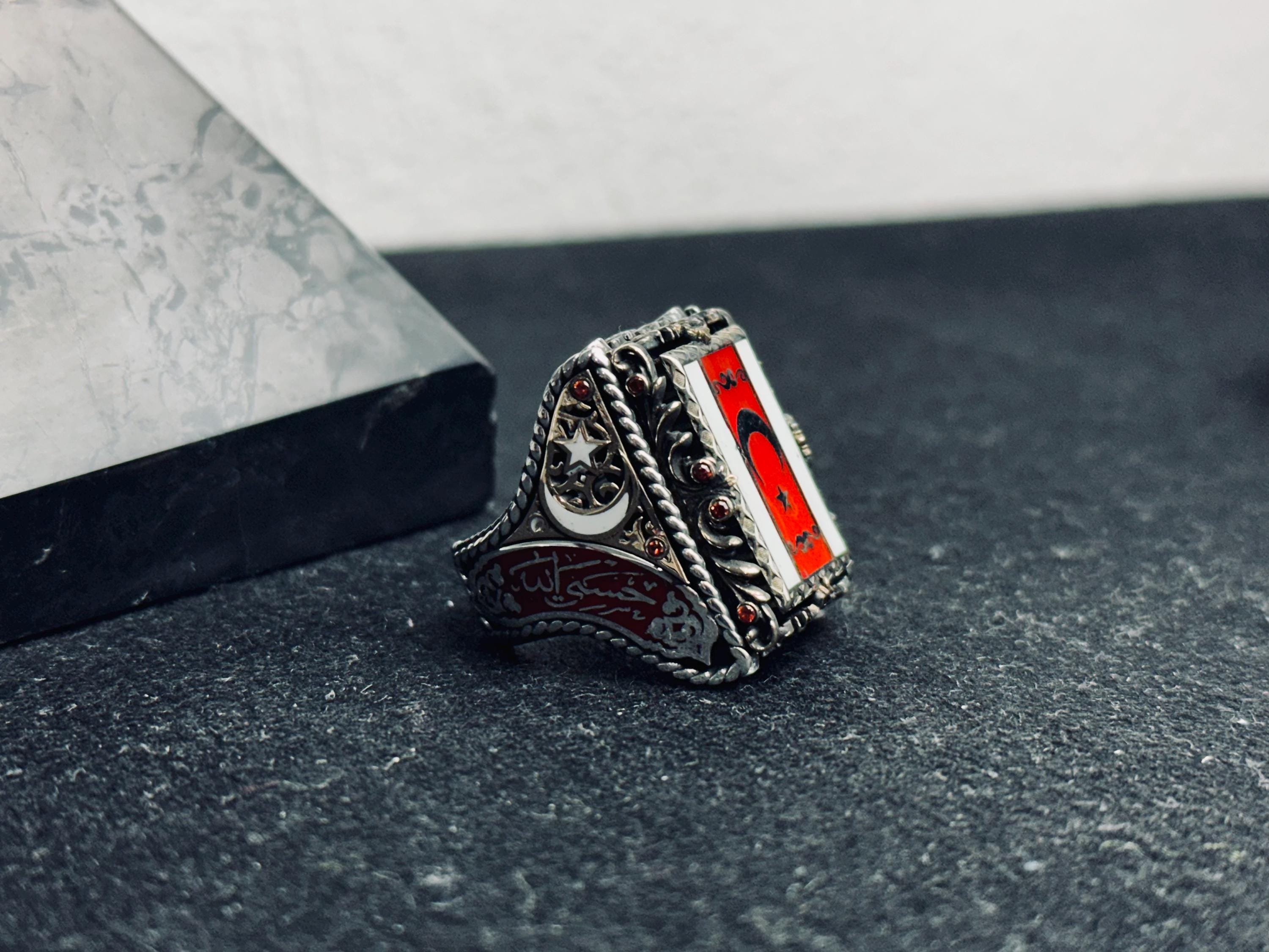 Red Stone Moon Star Ring, 925 Sterling Silver, Turkish Handmade Jewelry