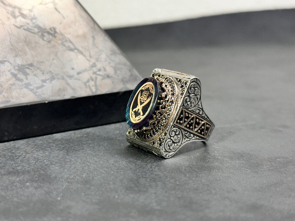Zulfiqar Sword Amber Ring, Sterling Silver (Oversized Men's Signet)