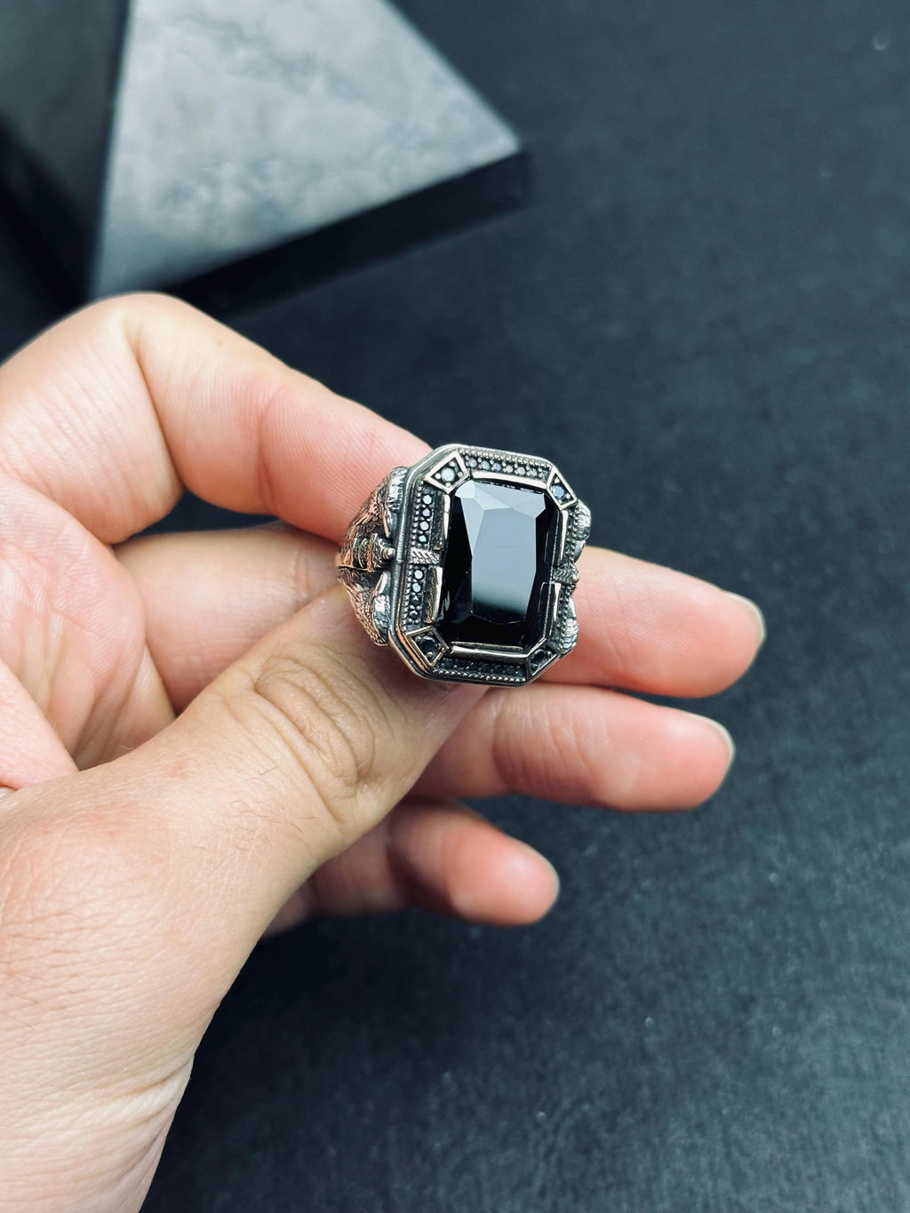 Men's Sterling Silver Ring: Black Zircon, Eagle Motif - Handmade
