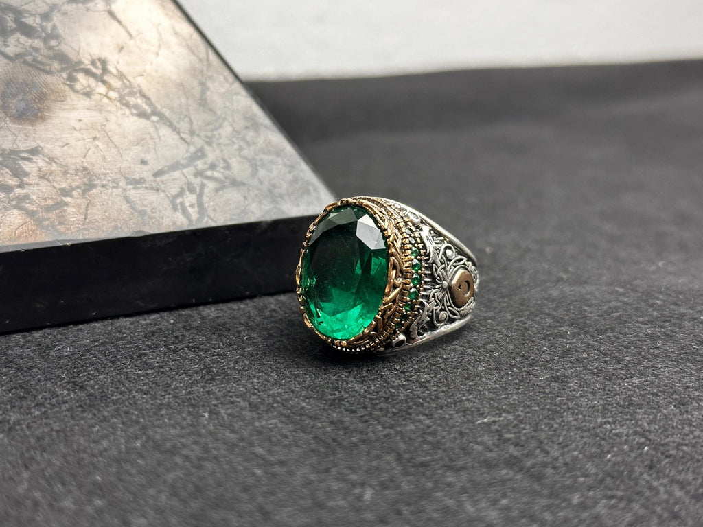 Oxidized Sterling Silver Ring - Green Cubic Zirconia Stone for Men