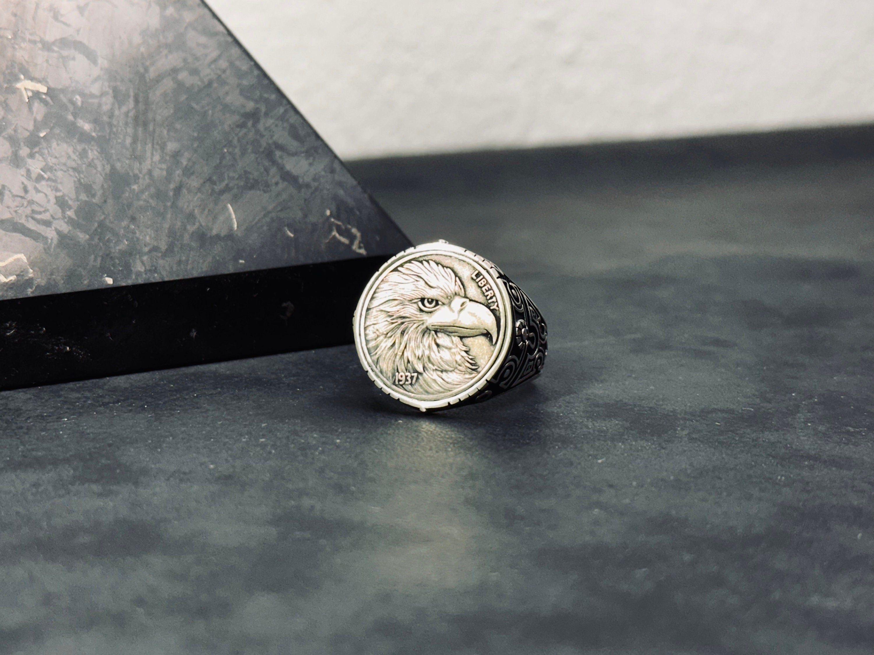 Engraved Eagle Ring: Tribal Sterling Silver (Handmade for Men)
