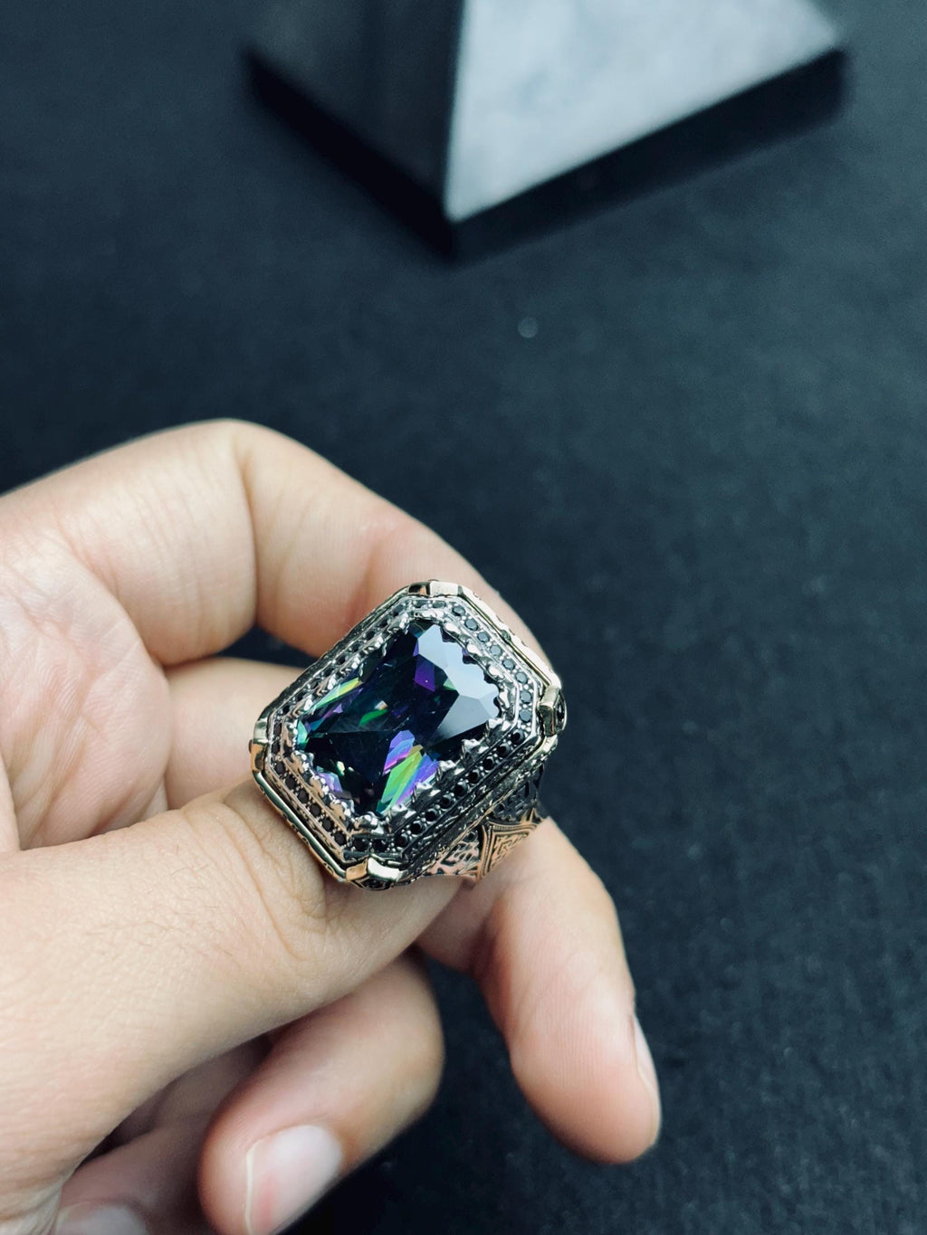 Square Mystic Topaz Ring: Color Changing Silver Statement Jewelry