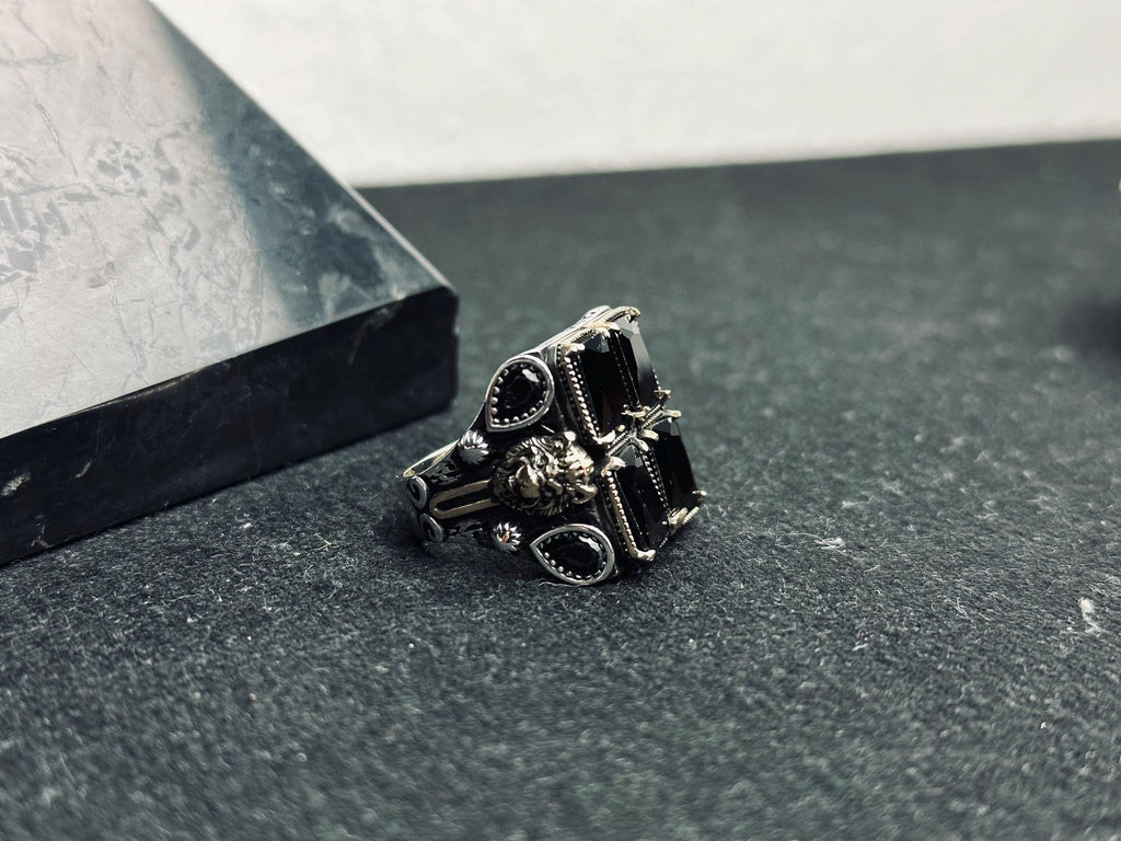 Men’s Square Zircon Ring: Bold Black Sterling Silver (Handmade)