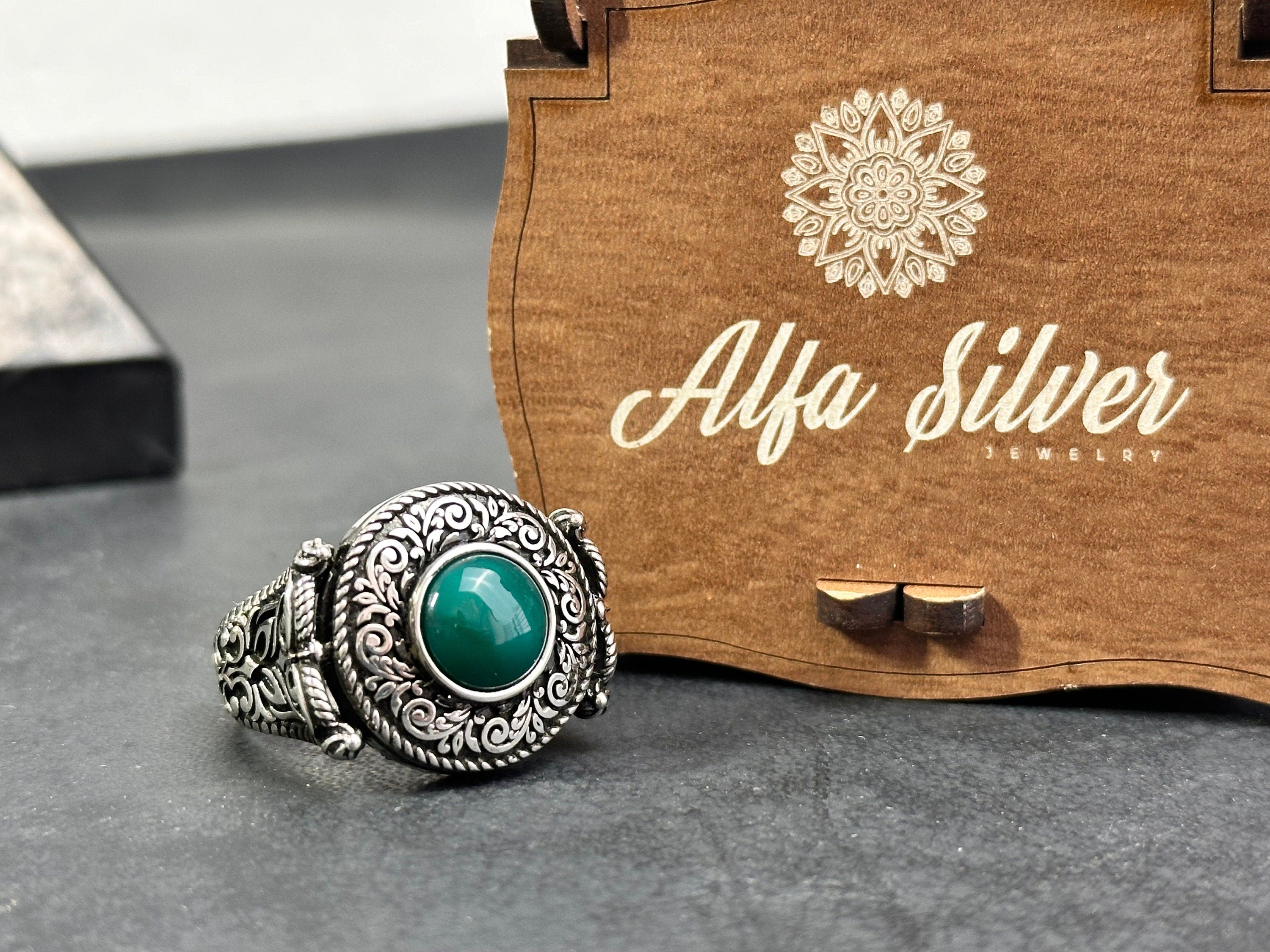 Men's Agate Ring: Cushion Green Stone - Handmade Sterling Silver