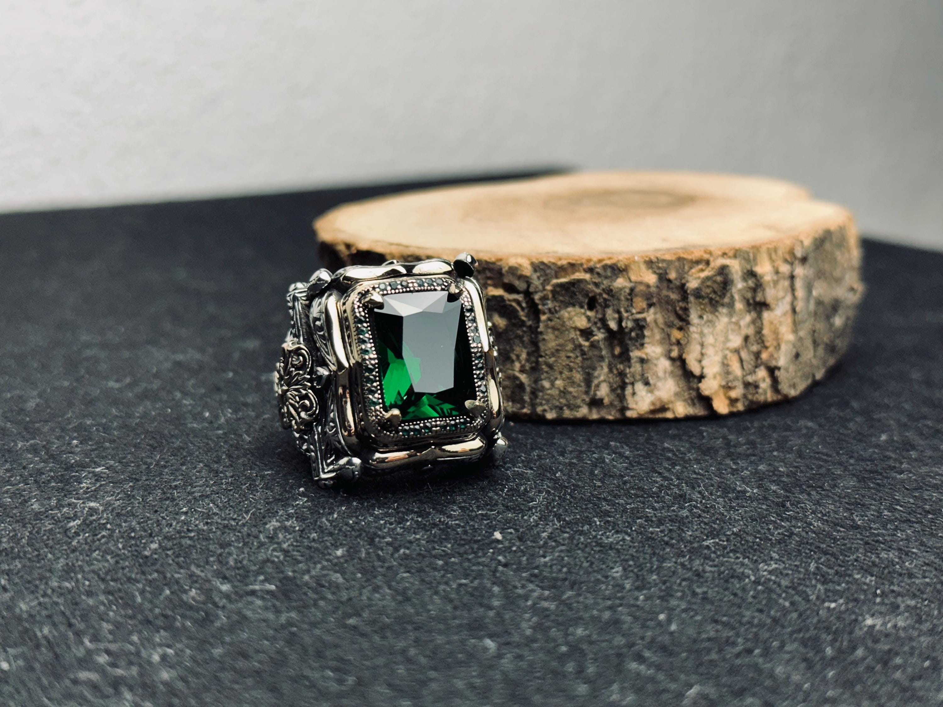 Men’s Emerald Ring: Bold Square Gem - Handmade Sterling Silver