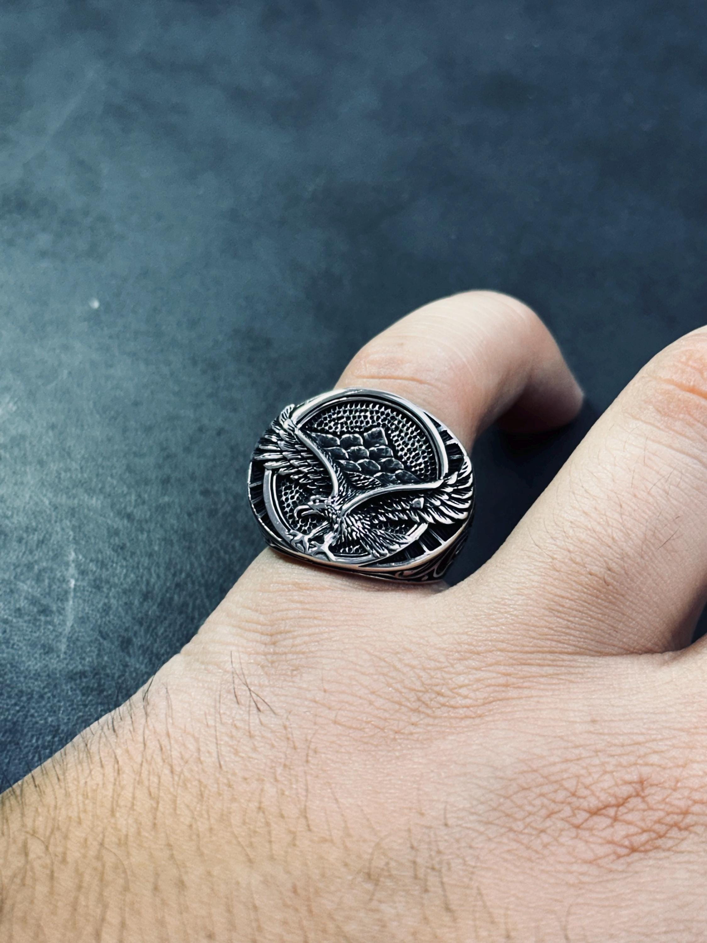 Oxidized Sterling Silver Eagle Ring: Handmade Engraved Design