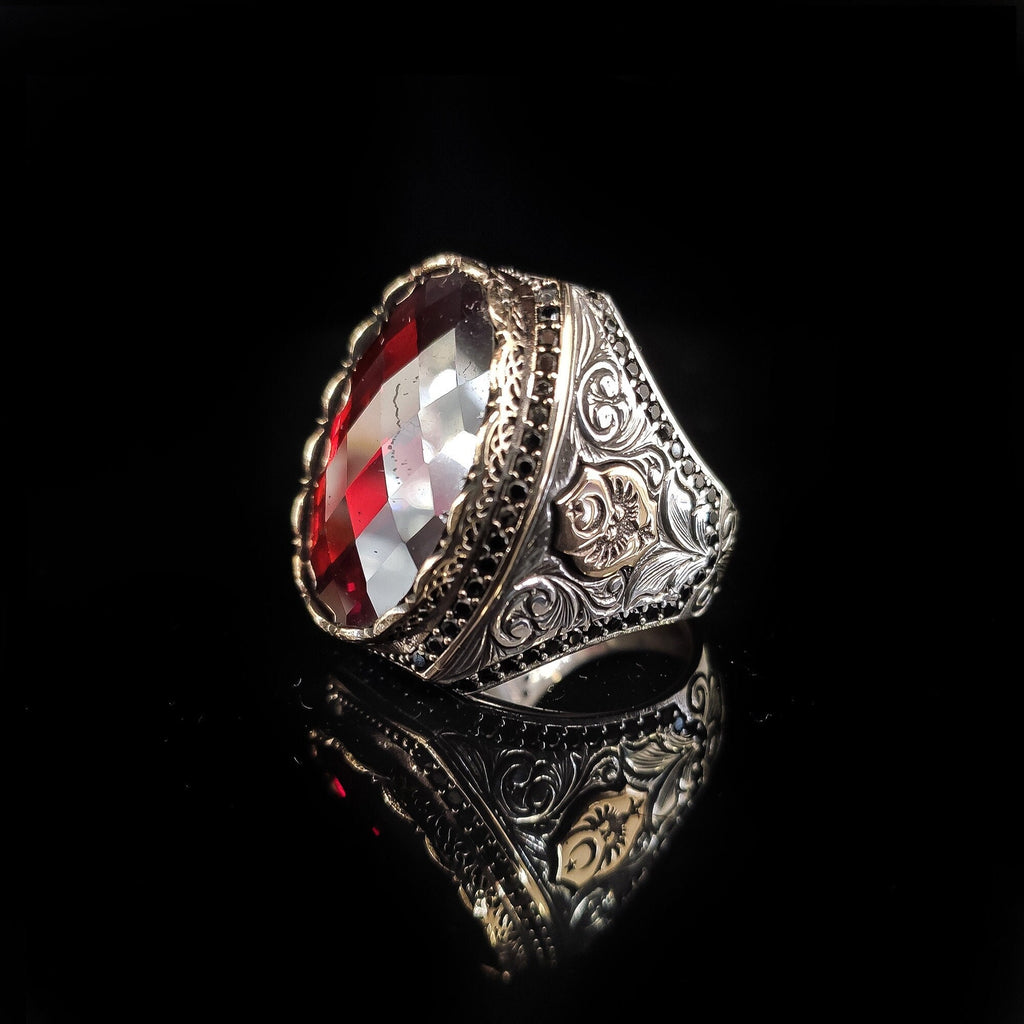 Red Zircon Men's Ring: Handmade 925 Sterling Silver Statement