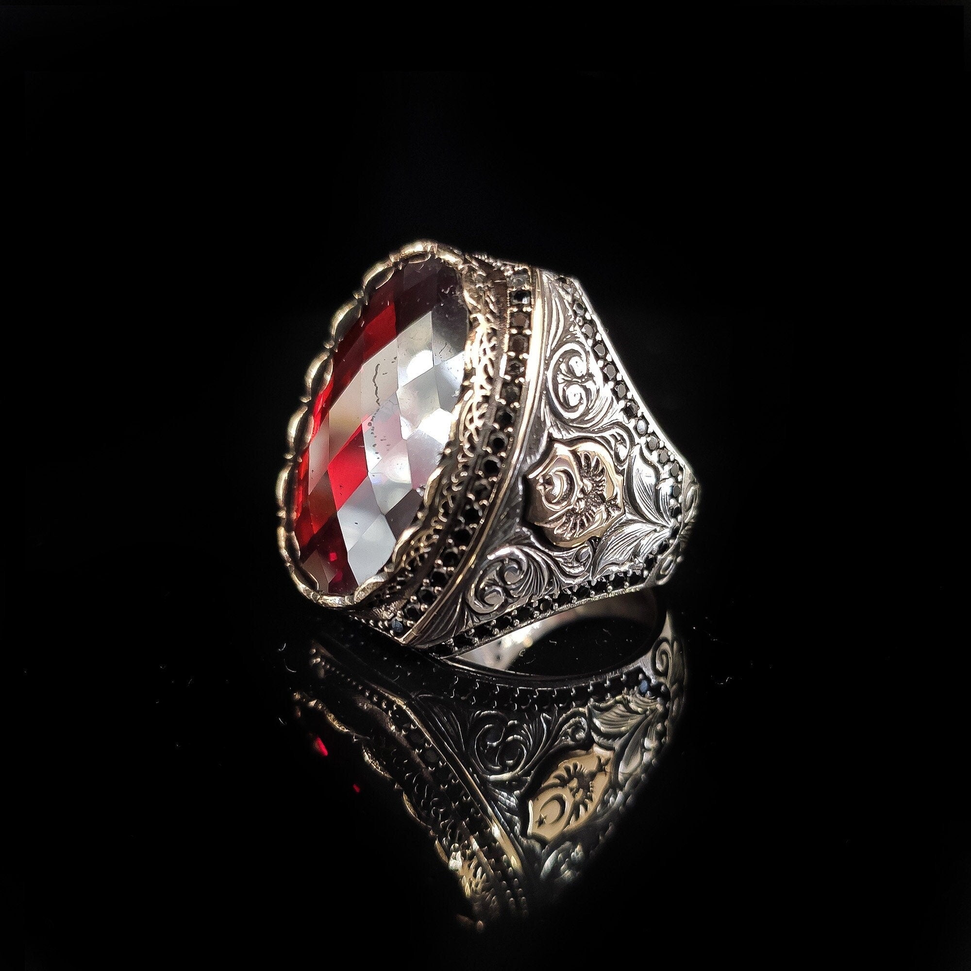 Red Zircon Men's Ring: Handmade 925 Sterling Silver Statement