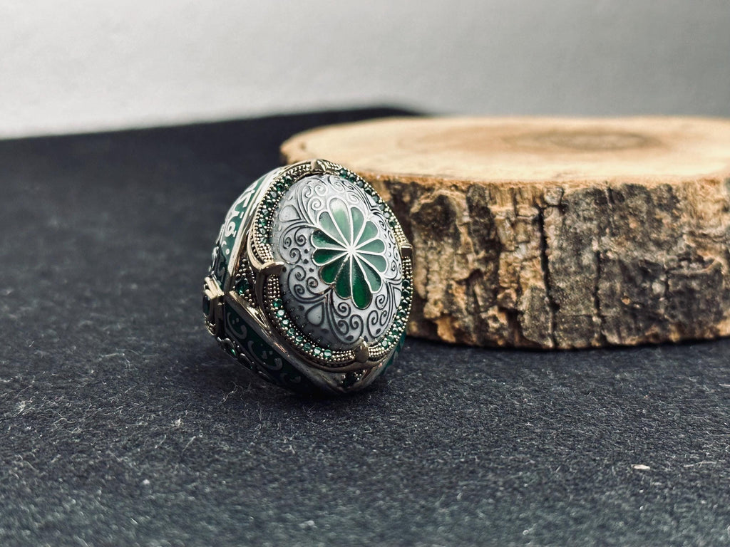 Green Enamel Islamic Ring, 925 Sterling Silver Ottoman Men's Ring