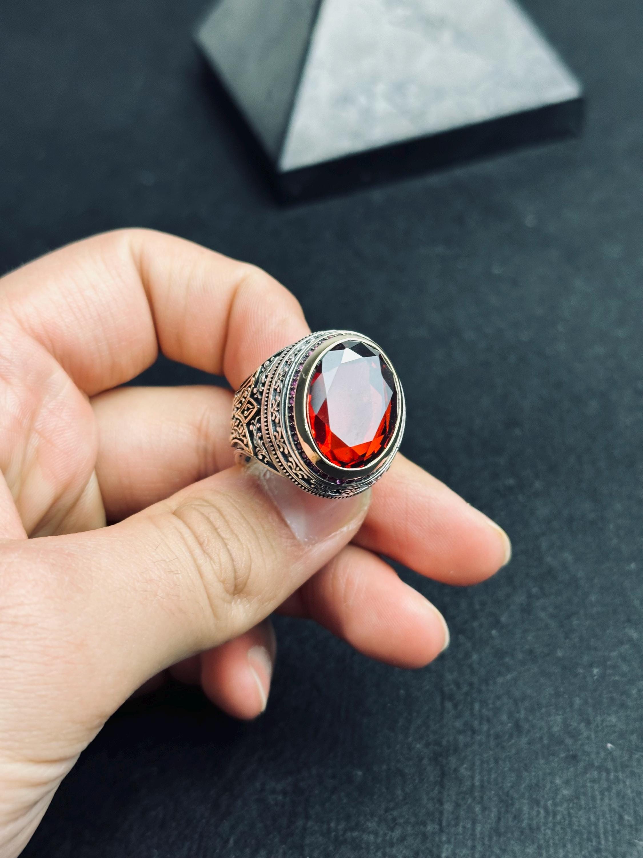 Sterling Silver Ruby Ring: Vintage Men's Signet (Handmade, Deep Red)