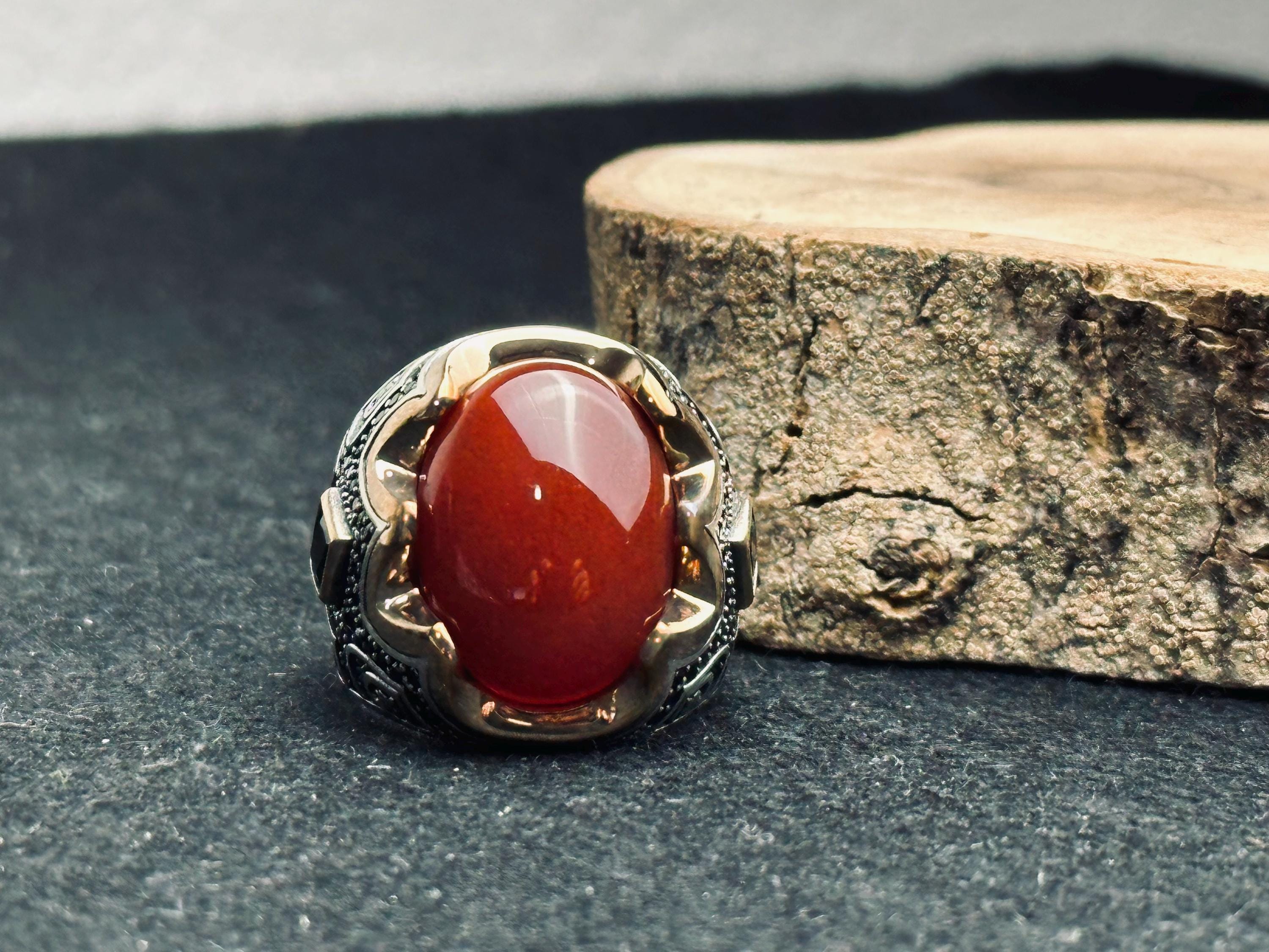 Red Yemeni Aqeeq Ring: Oval Agate Stone, Sterling Silver