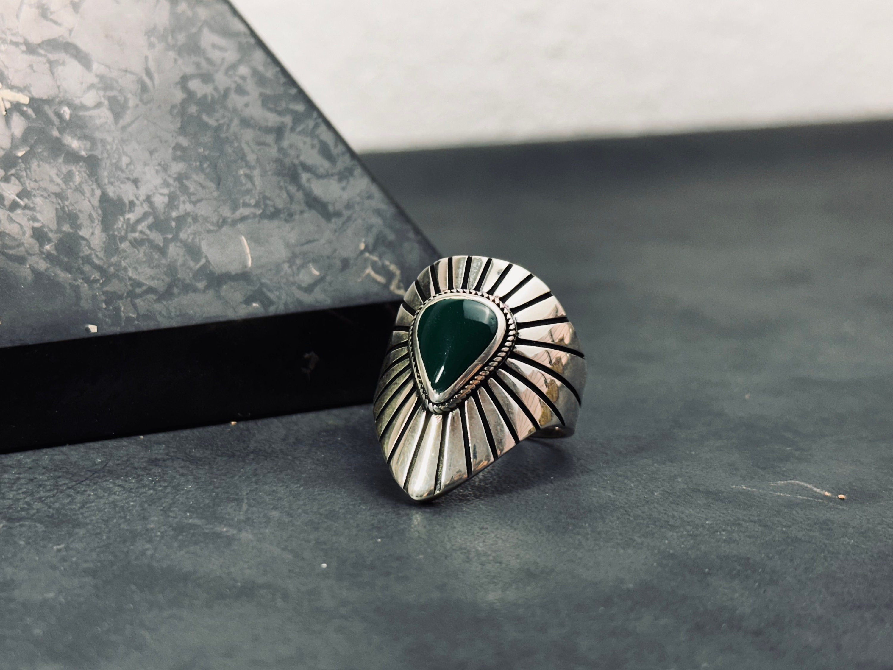 Men's Sterling Silver Ring, Green Agate Stone (Bold Signet Style)