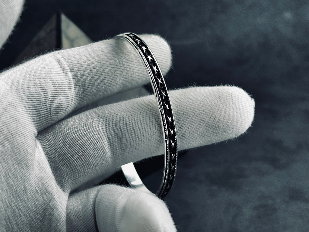 Star Embroidered Silver Bangle: Handmade Adjustable Sterling Cuff