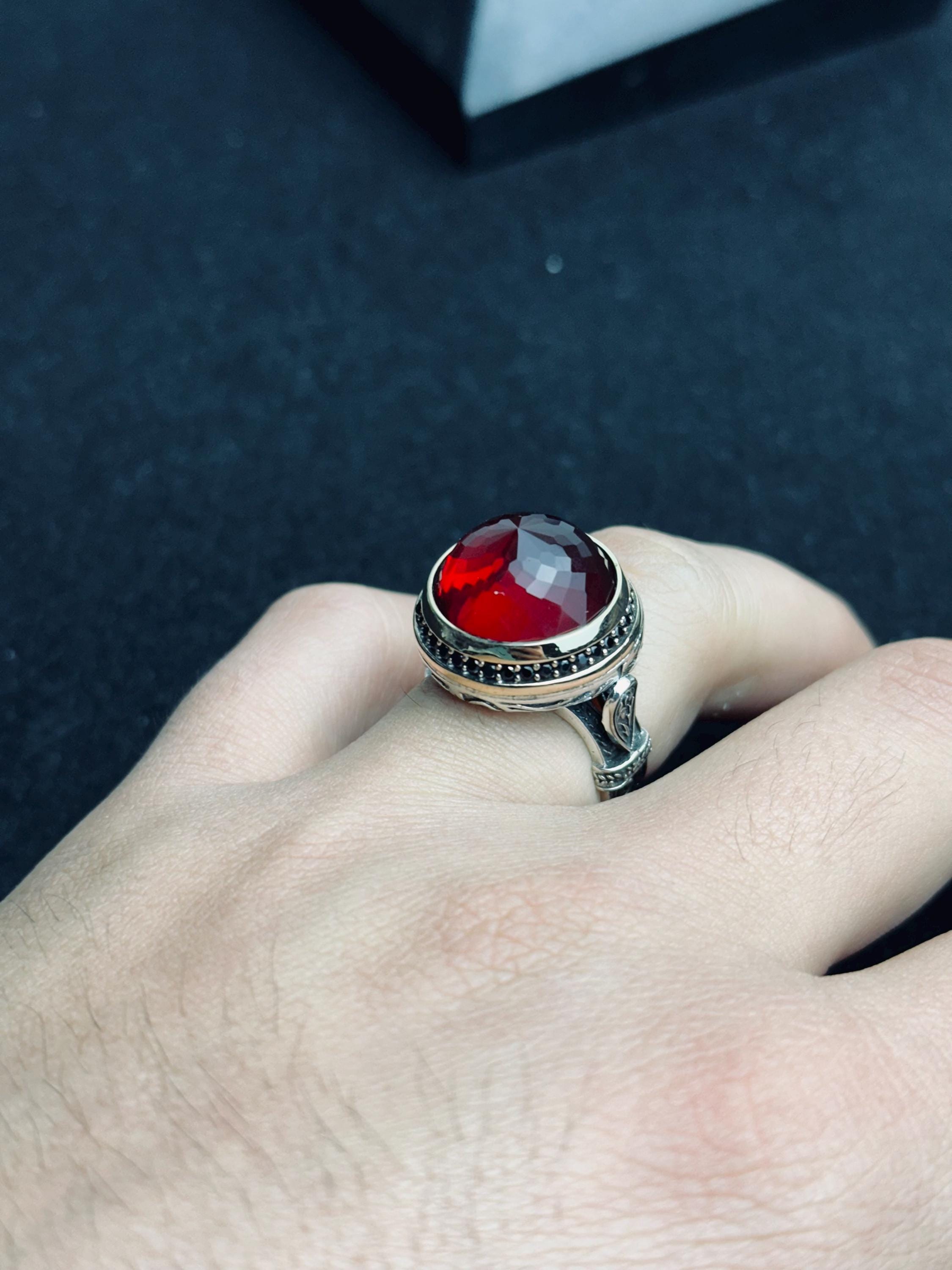 Ruby Men's Ring: Handmade Sterling Silver Jewelry (Round Red Gem)