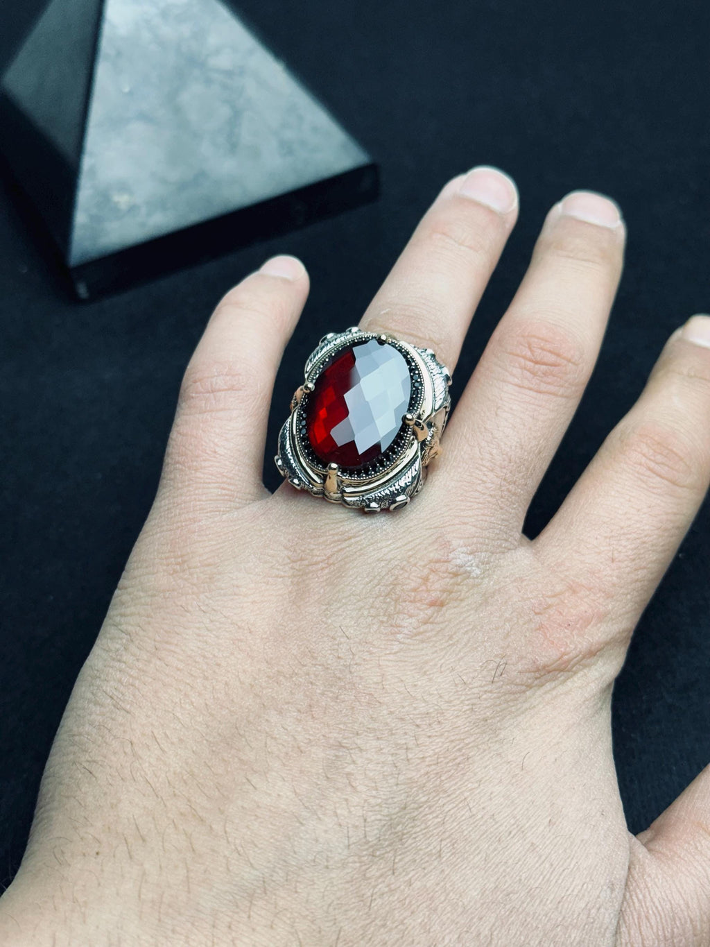Lion Head Statement Ring: Sterling Silver with Red Gemstone