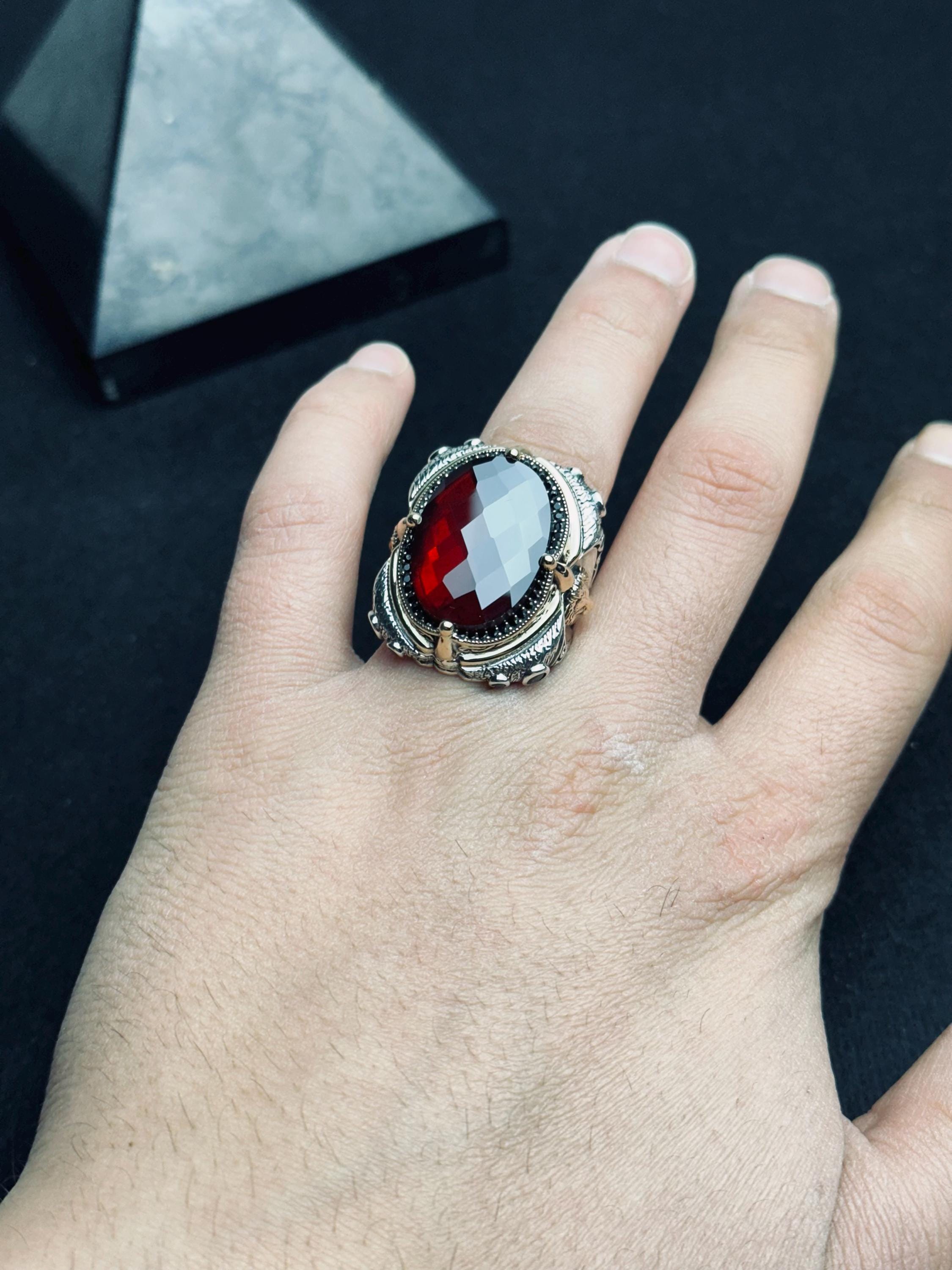 Lion Head Statement Ring: Sterling Silver with Red Gemstone