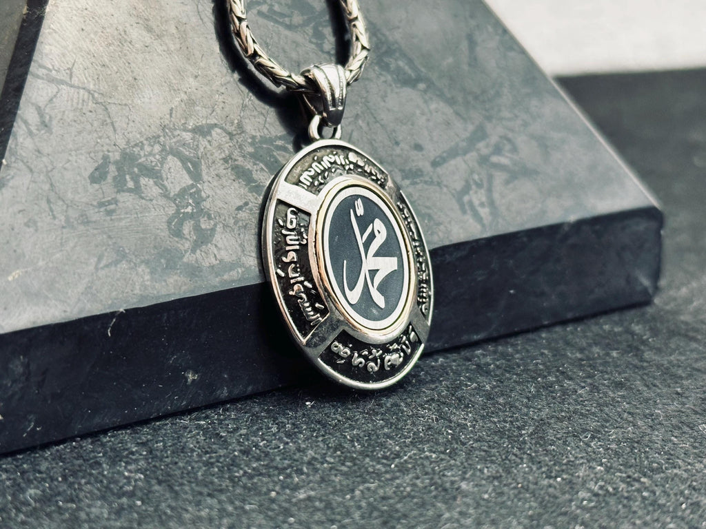 Islamic Silver Necklace, Arabic Calligraphy Oval Pendant (Sterling, Handmade)