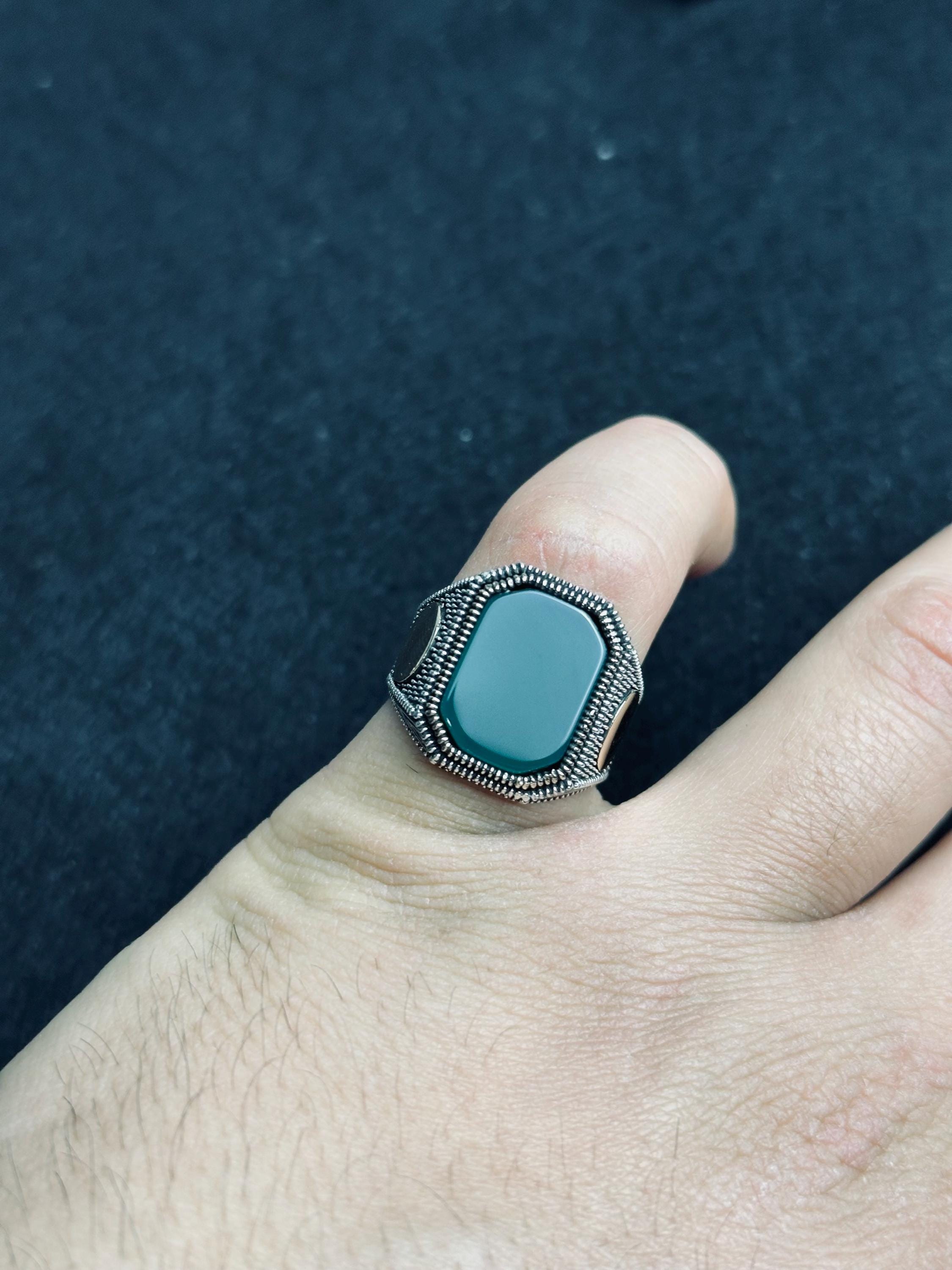 Green Agate Ring for Men: Handmade Sterling Silver Leaf Band