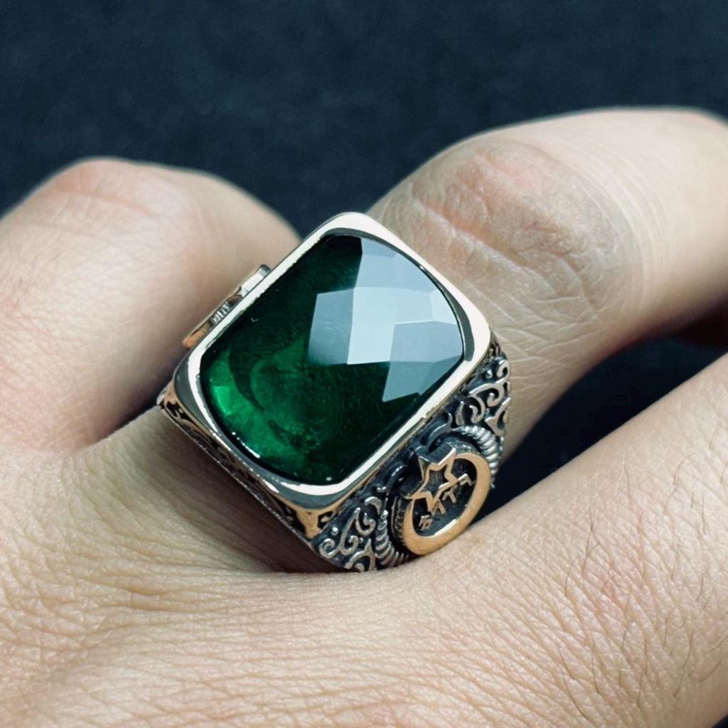 Colombian Emerald Ring for Men: Square Cut, Moon & Star Design