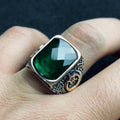 Colombian Emerald Ring for Men: Square Cut, Moon & Star Design