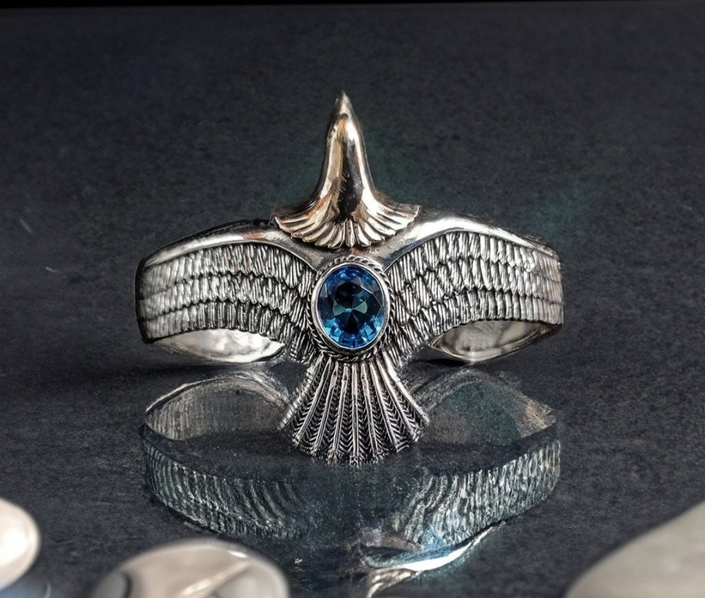 Silver Eagle Bracelet: Handmade Cuff with Aquamarine (Men's Jewelry)