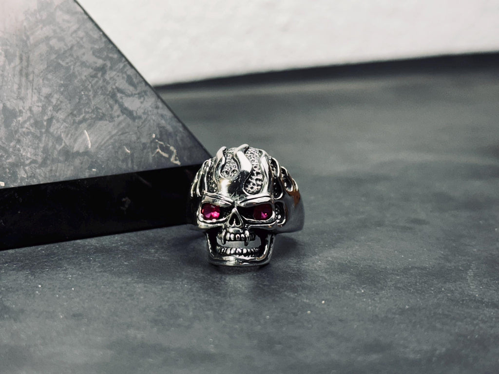 Skull Ring: Gothic Sterling Silver - Cubic Zirconia Accent