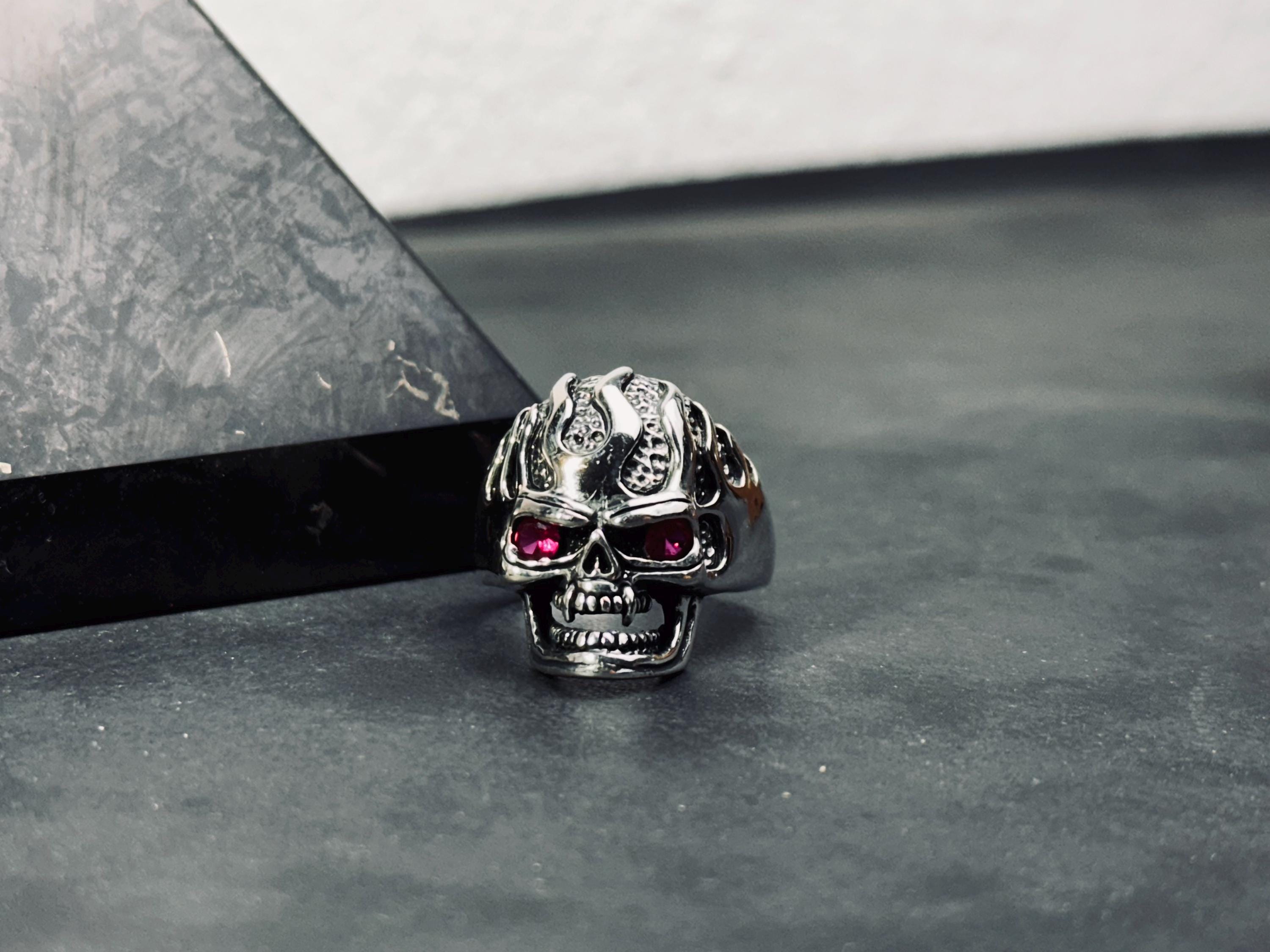 Skull Ring: Gothic Sterling Silver - Cubic Zirconia Accent