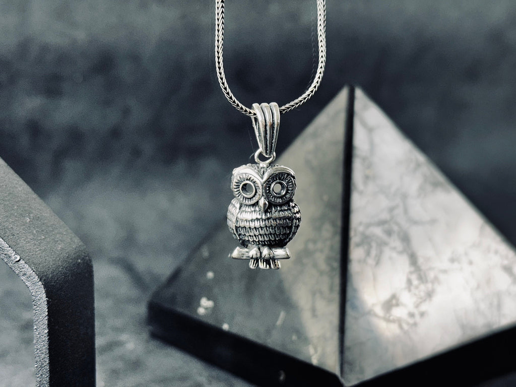 Silver Owl Necklace: Handmade Bird Pendant with Wooden Box
