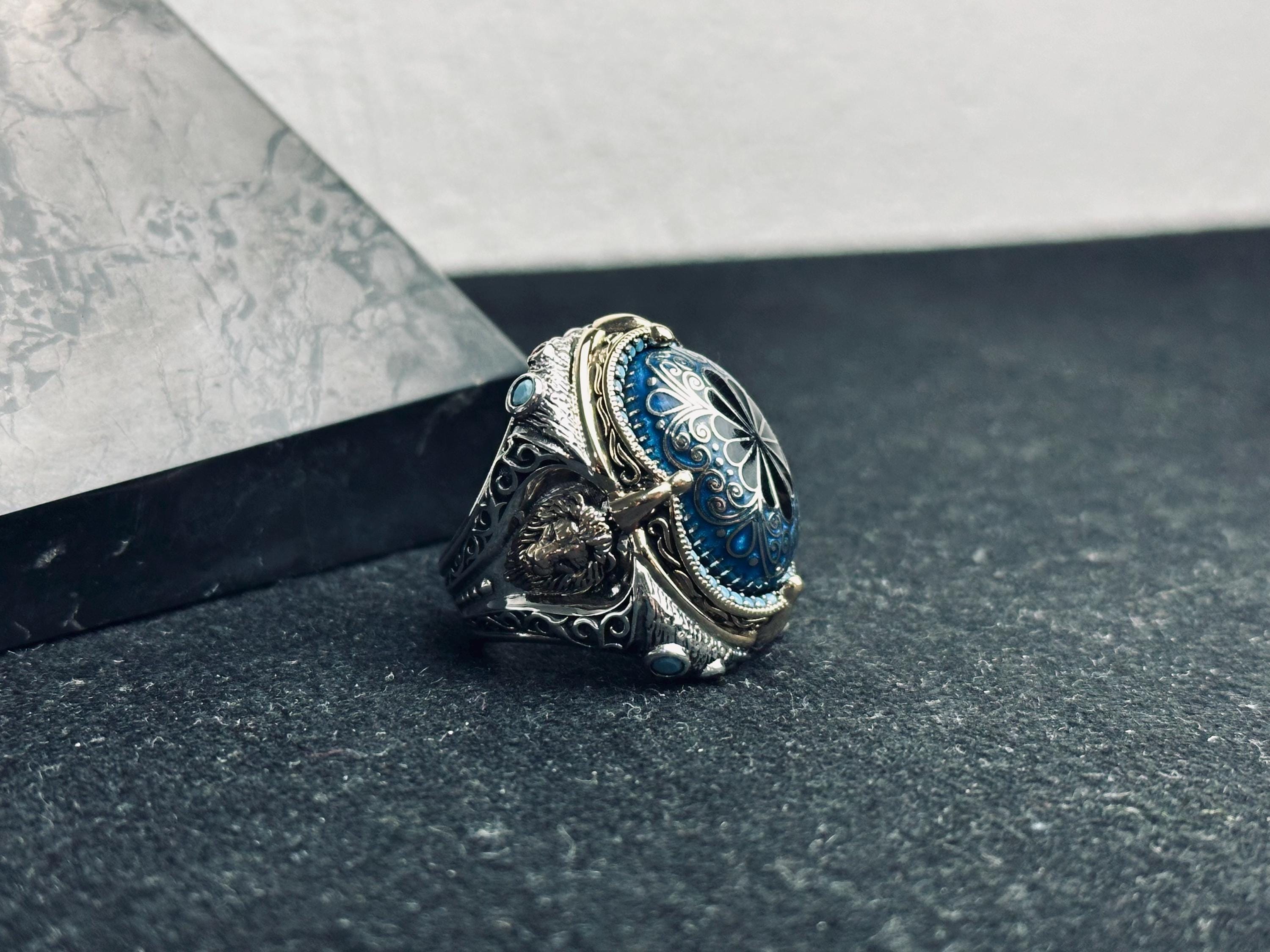 Sterling Silver Blue Stone Slice Ring, Handmade Ottoman Men Ring, Textured Signet Ring, Bold Statement Jewelry, Ramadan Gift