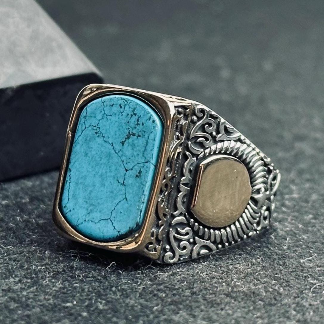 Men’s Turquoise Ring: Square Stone - Sterling Silver Boho Jewelry