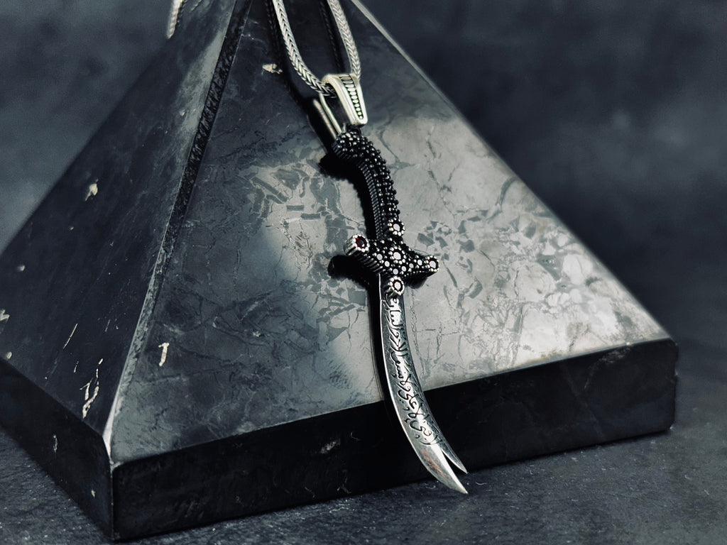 Islamic Silver Necklace, Zulfiqar Sword Pendant (With Zircon Stones)