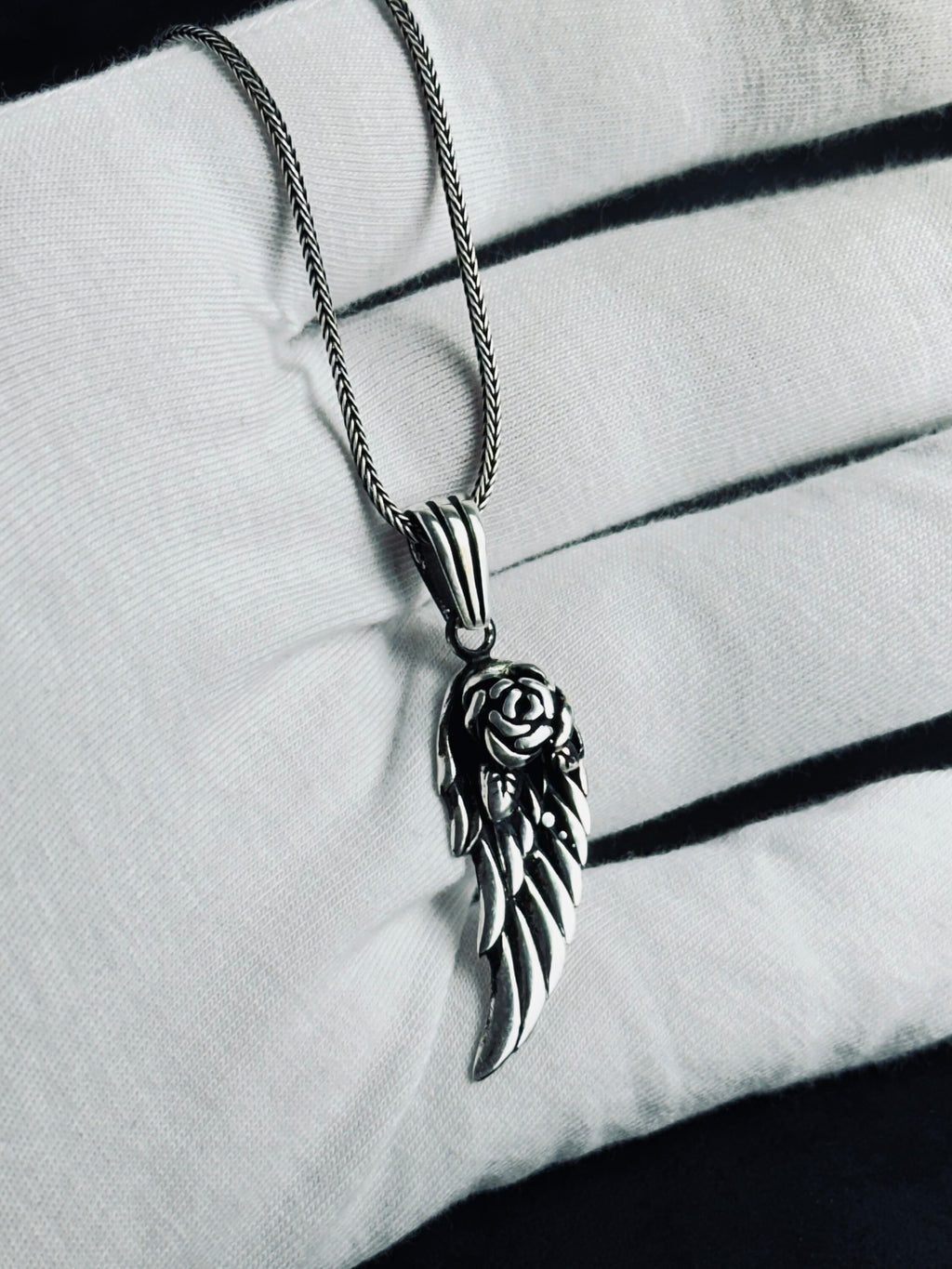 Silver Rose Wing Necklace - Handmade Pendant with Chain