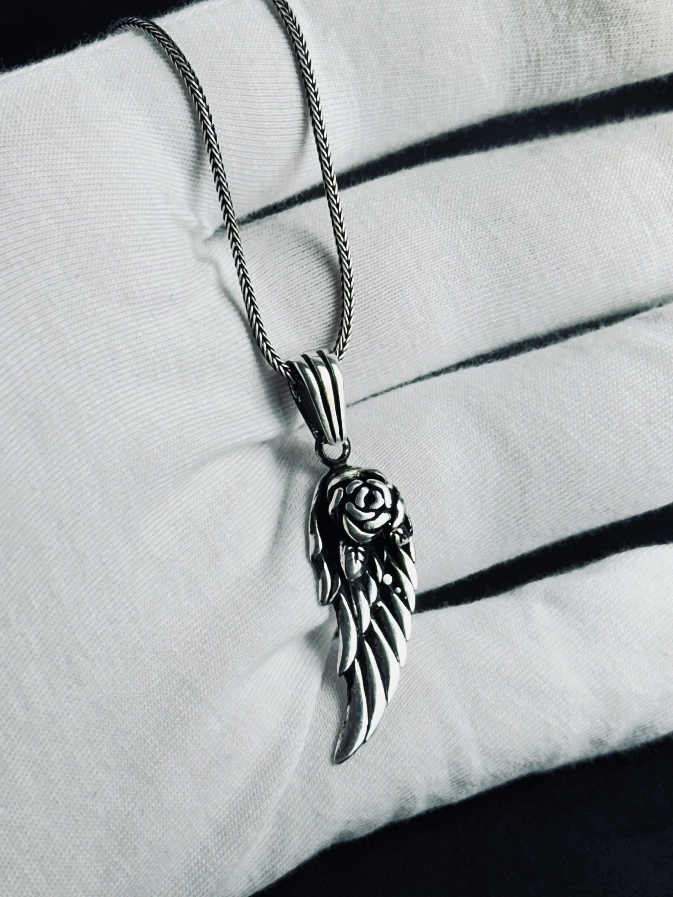 Silver Rose Wing Necklace - Handmade Pendant with Chain