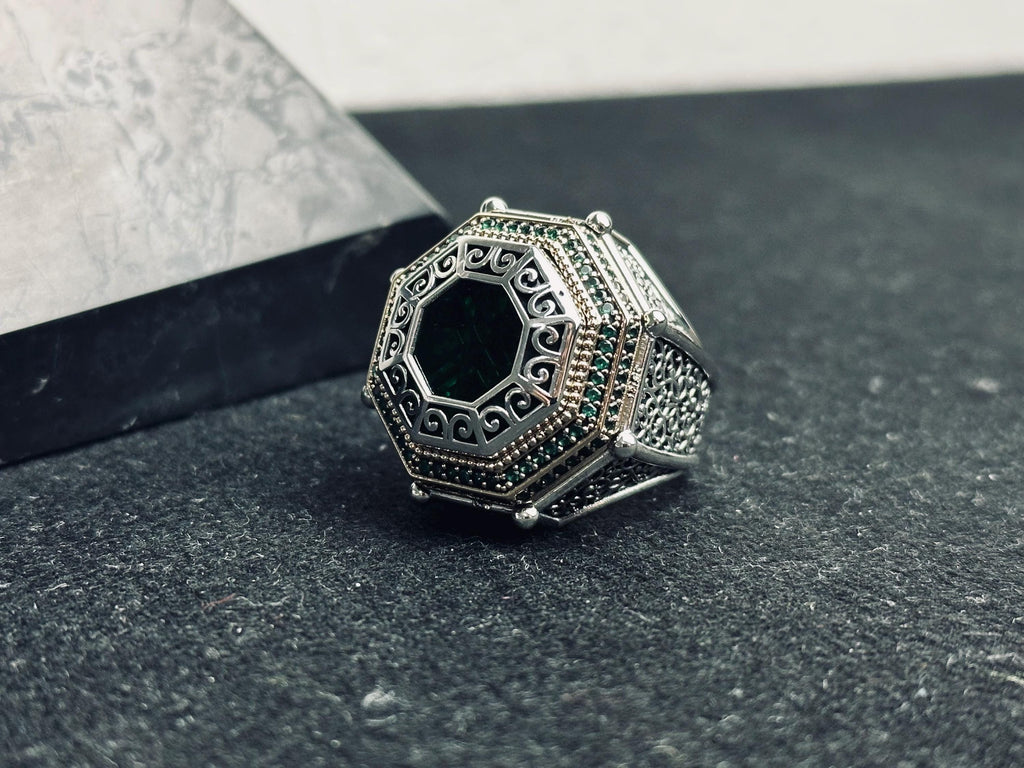 Octagon Emerald Ring, 925 Sterling Silver, Turkish Handmade Jewelry