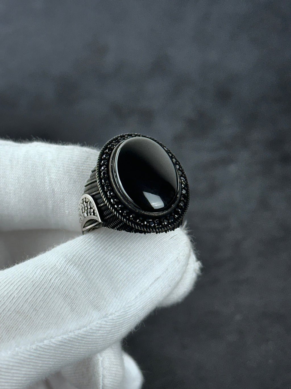Handmade Silver Onyx Ring - Solid Sterling with Zircon Accent