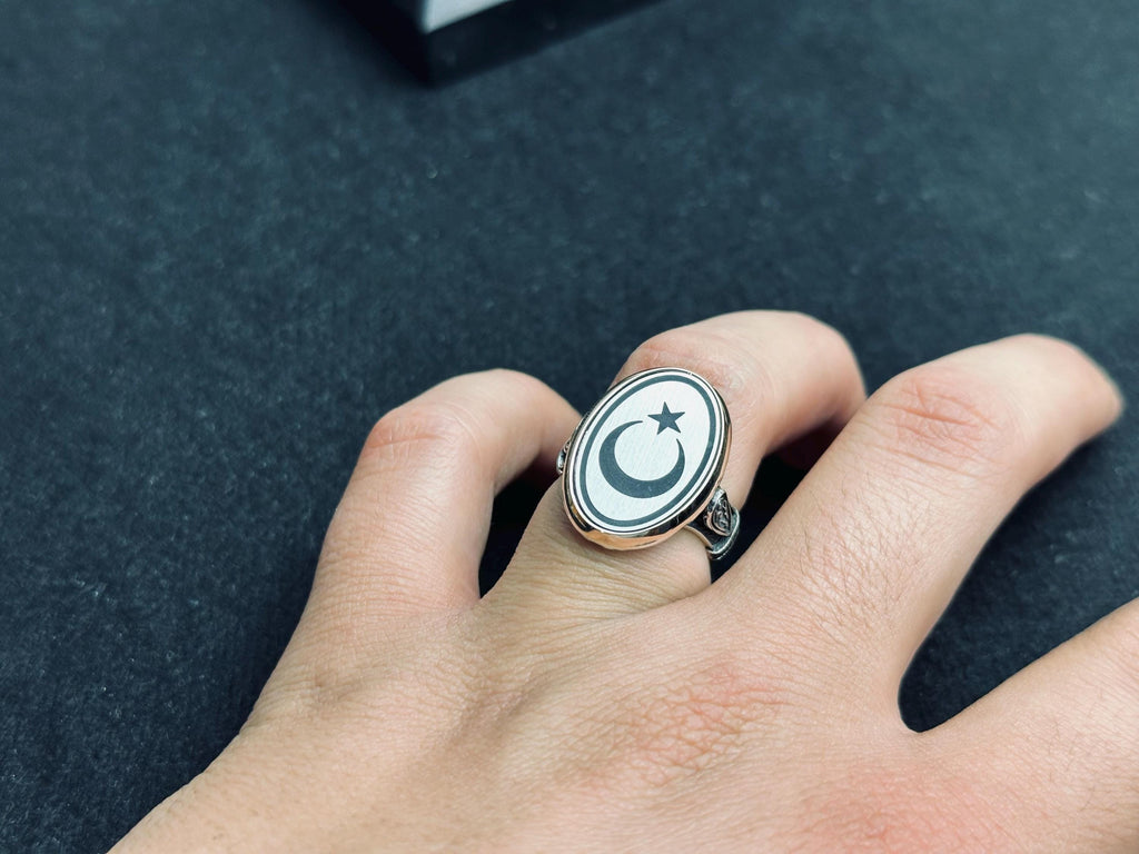 Moon and Star Men's Ring - Bold Oval Sterling Silver Band