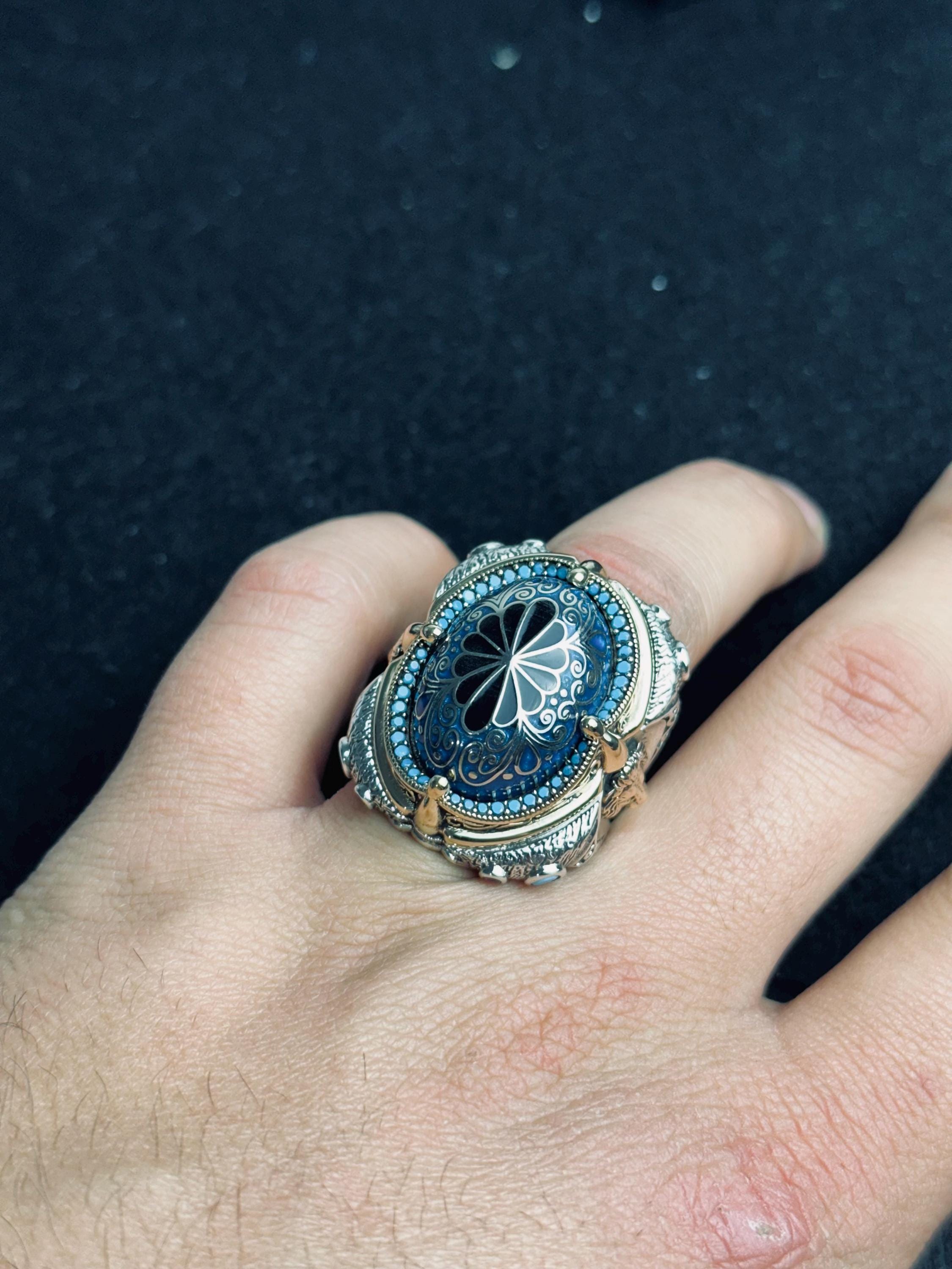 Sterling Silver Blue Stone Slice Ring, Handmade Ottoman Men Ring, Textured Signet Ring, Bold Statement Jewelry, Ramadan Gift