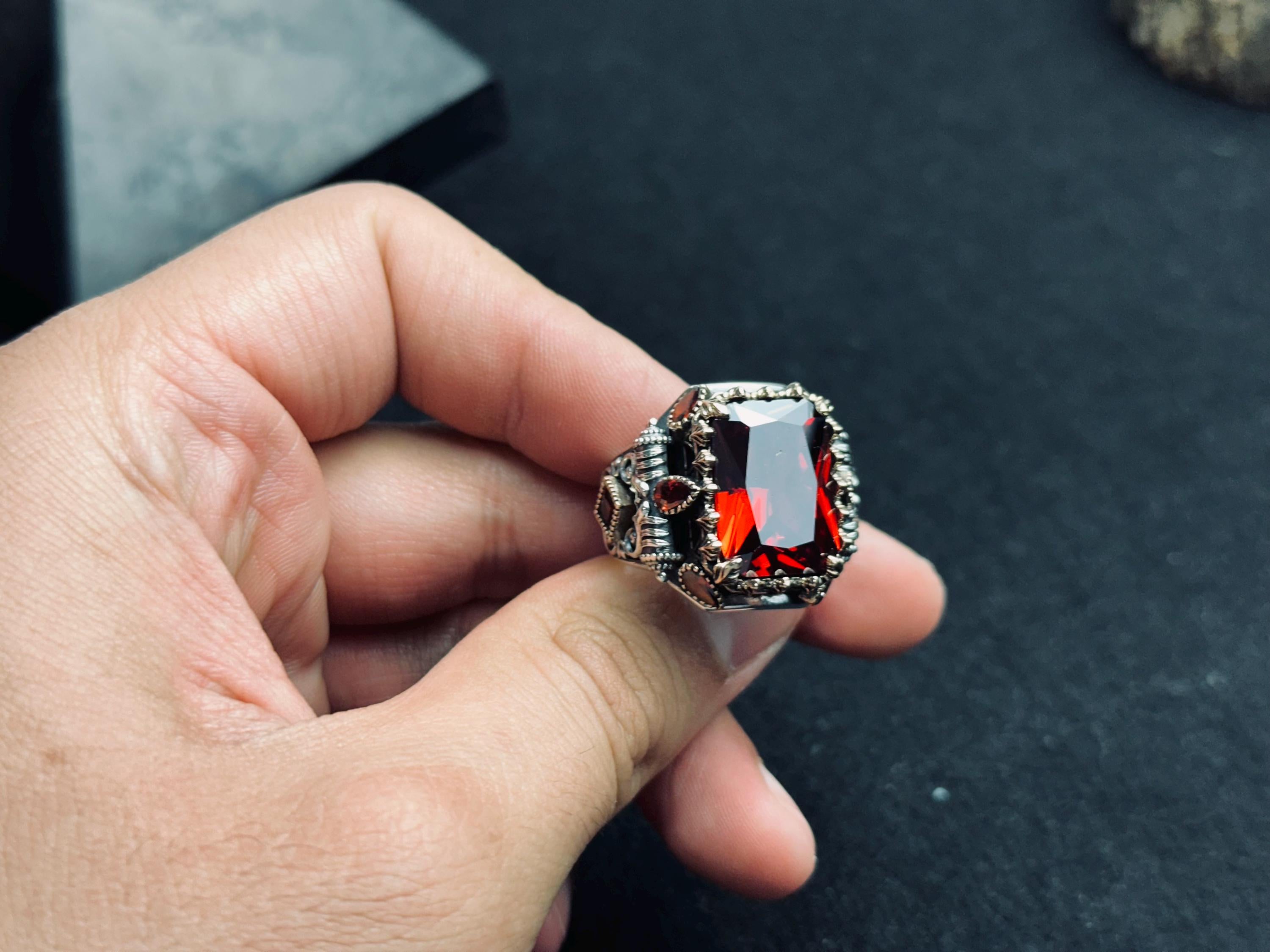 Men's Ruby Signet Ring: Turkish Handmade Sterling Silver