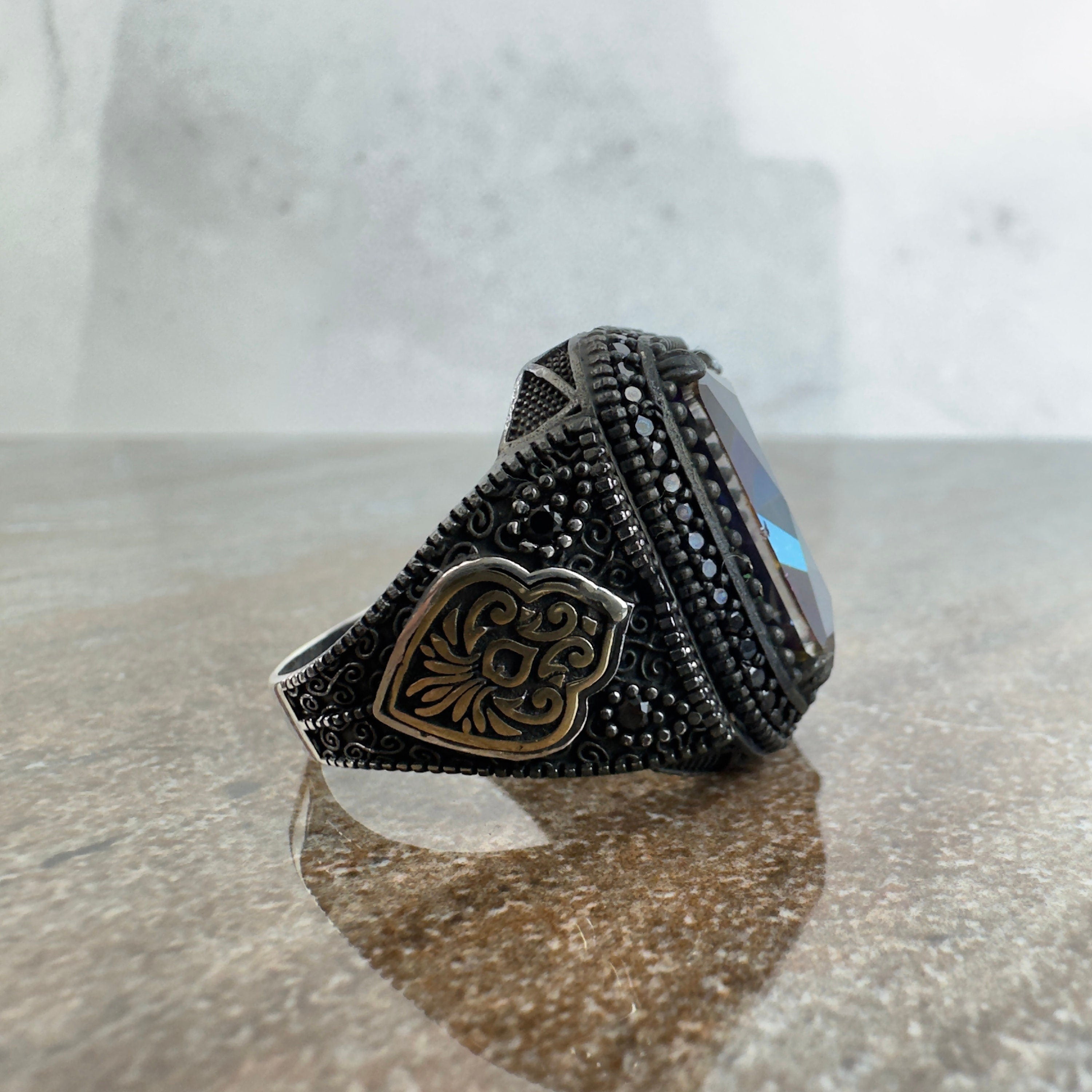 Men's Mystic Topaz Ring: Handmade Sterling Silver (Signet Style)