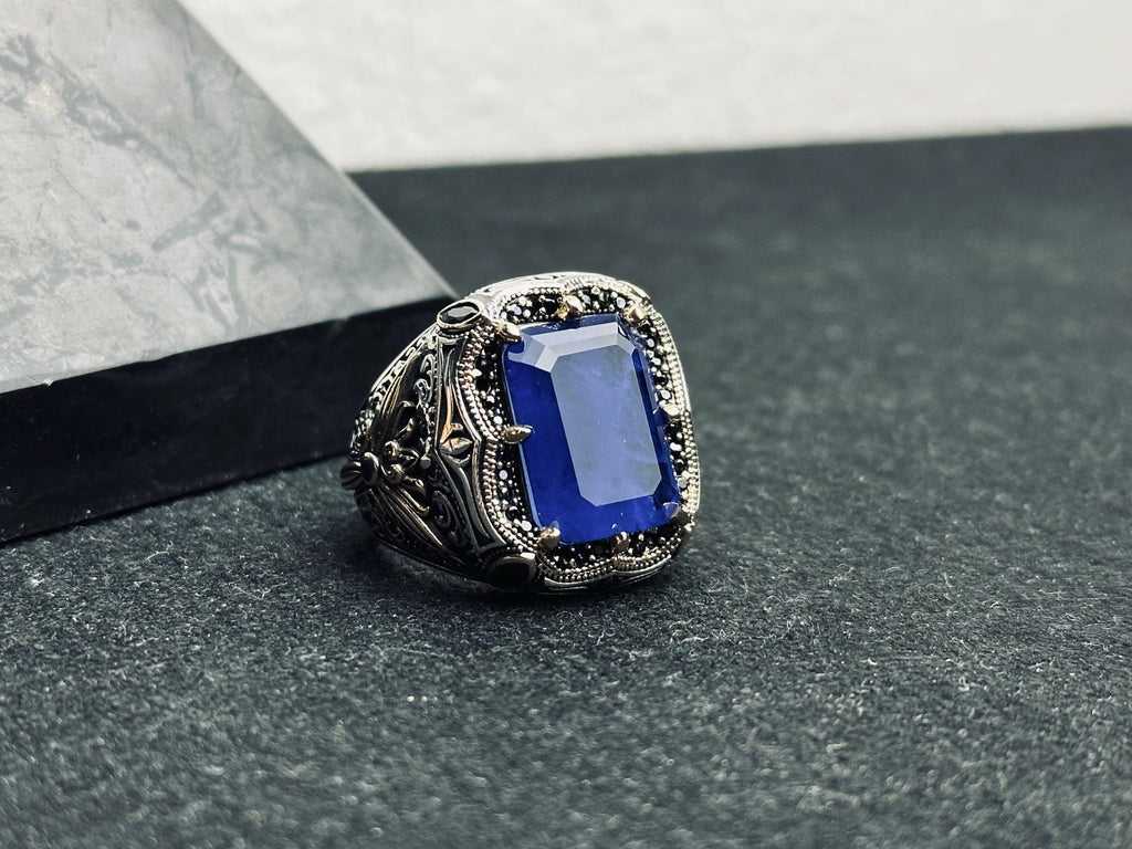 Blue CZ Men's Ring: Handmade Sterling Silver, Turkish Statement