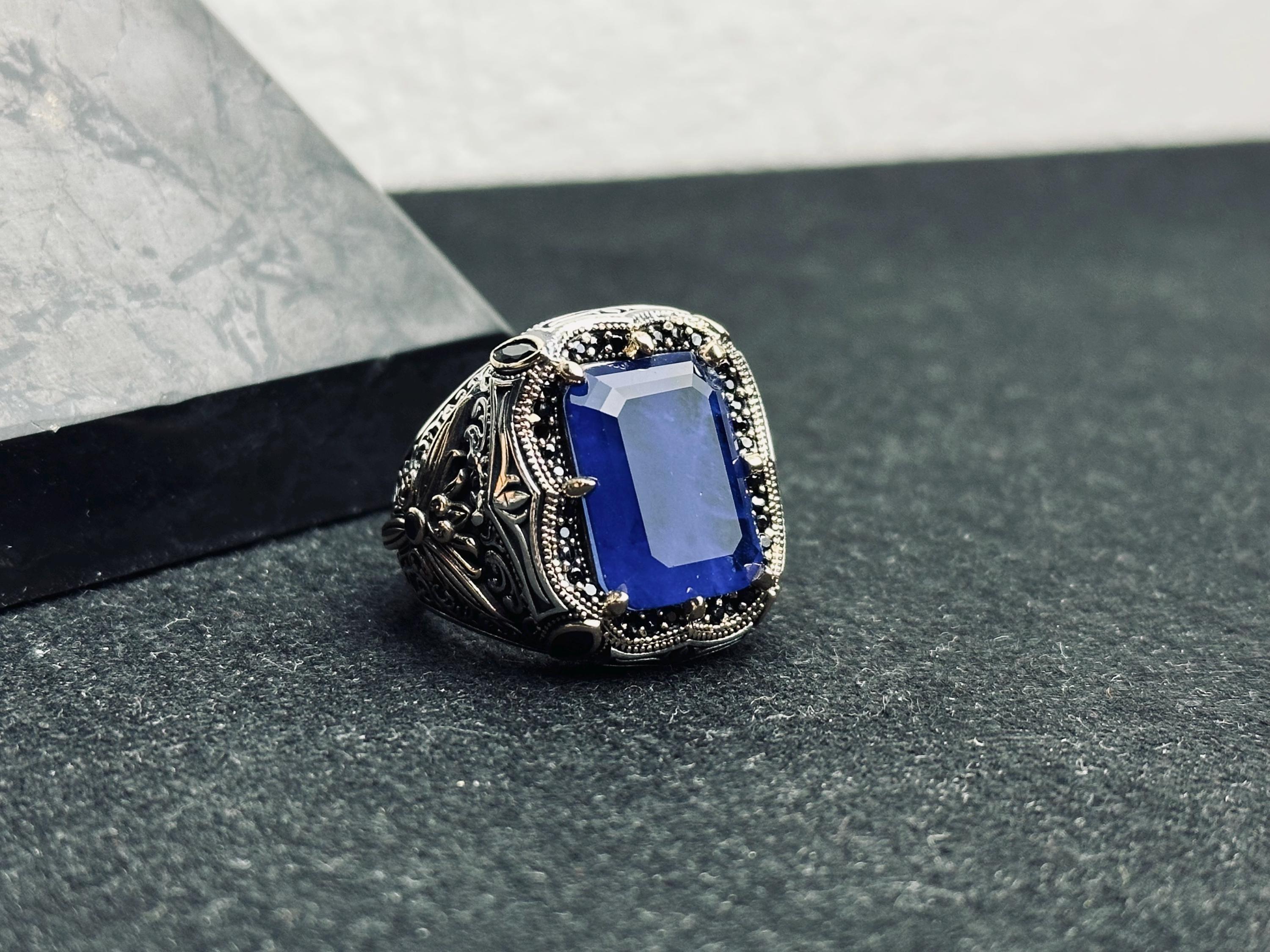 Blue CZ Men's Ring: Handmade Sterling Silver, Turkish Statement
