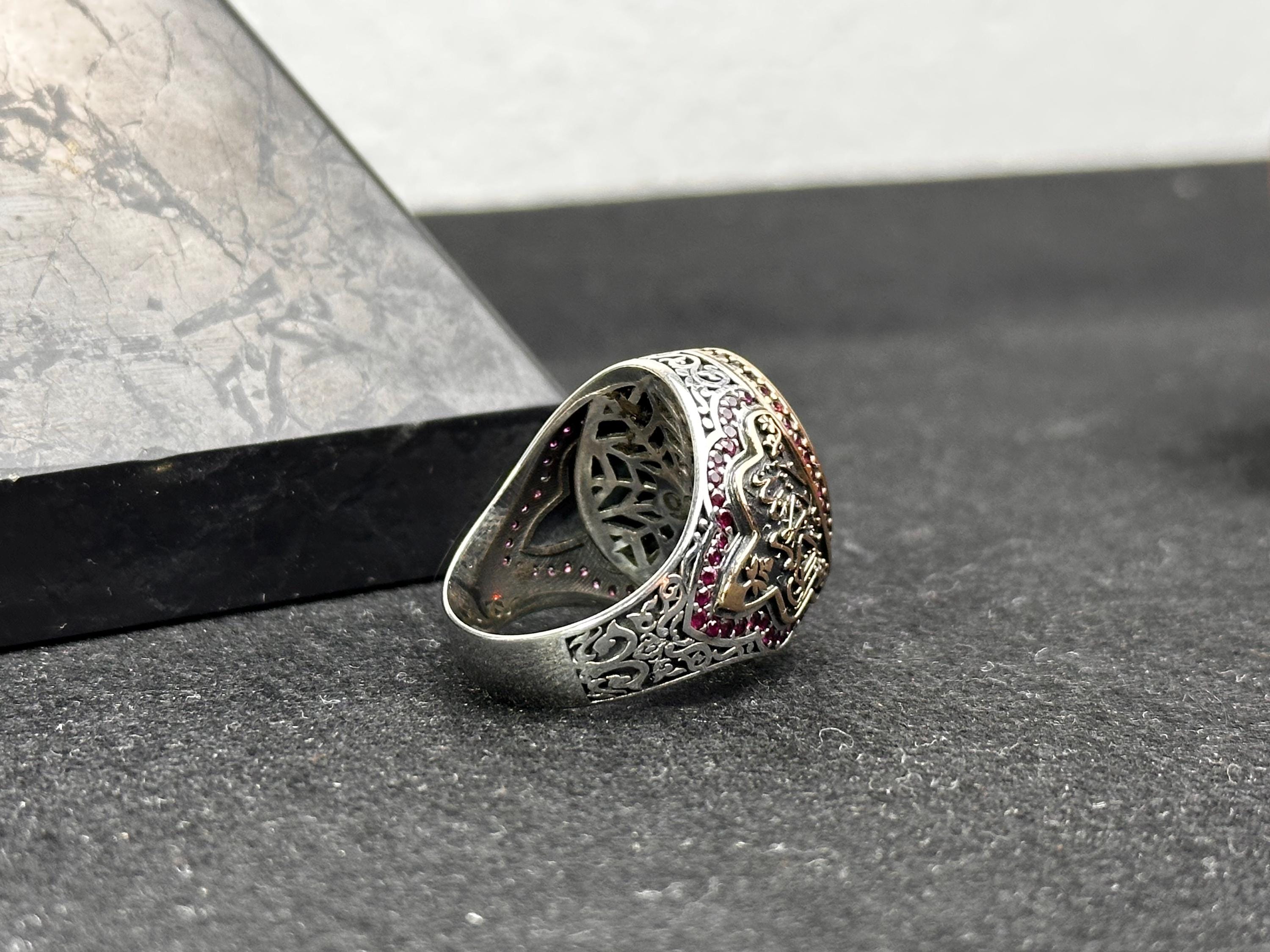 Vintage Sterling Silver Signet Ring, Red Zircon, Arabic Calligraphy (Men's)