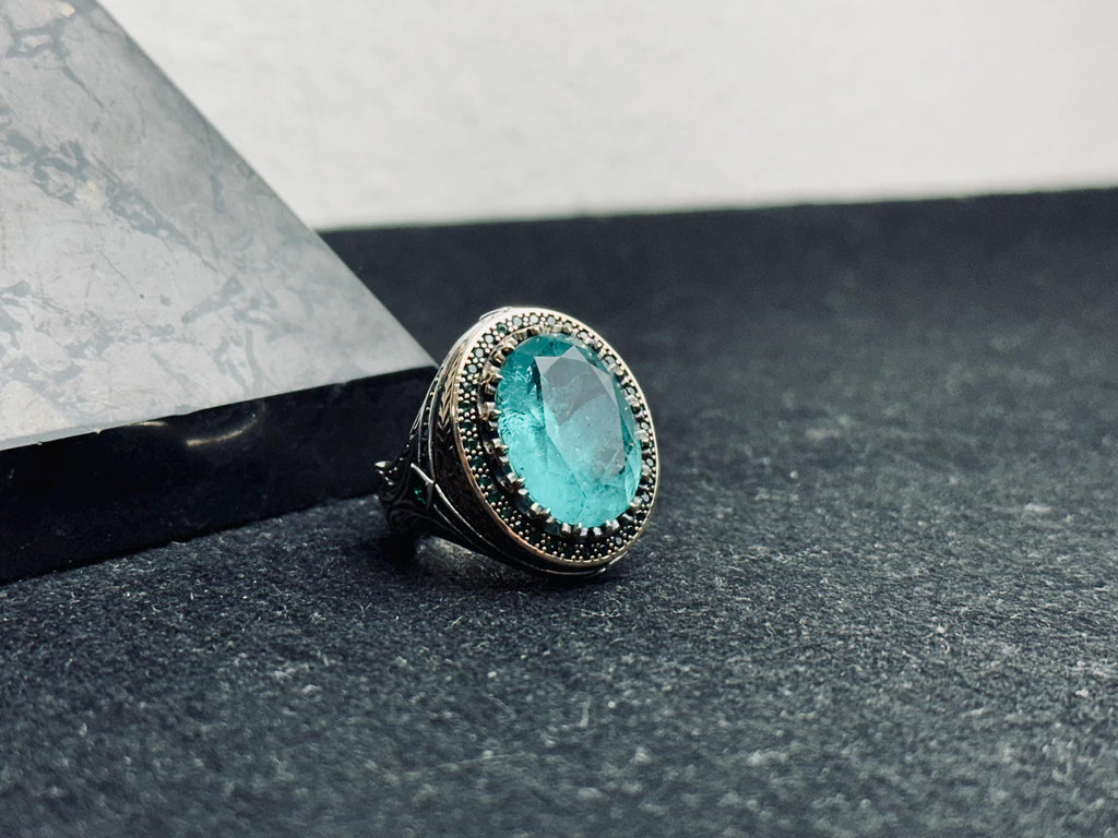 Oval Aquamarine Ring for Men - Sterling Silver Lion Head Signet
