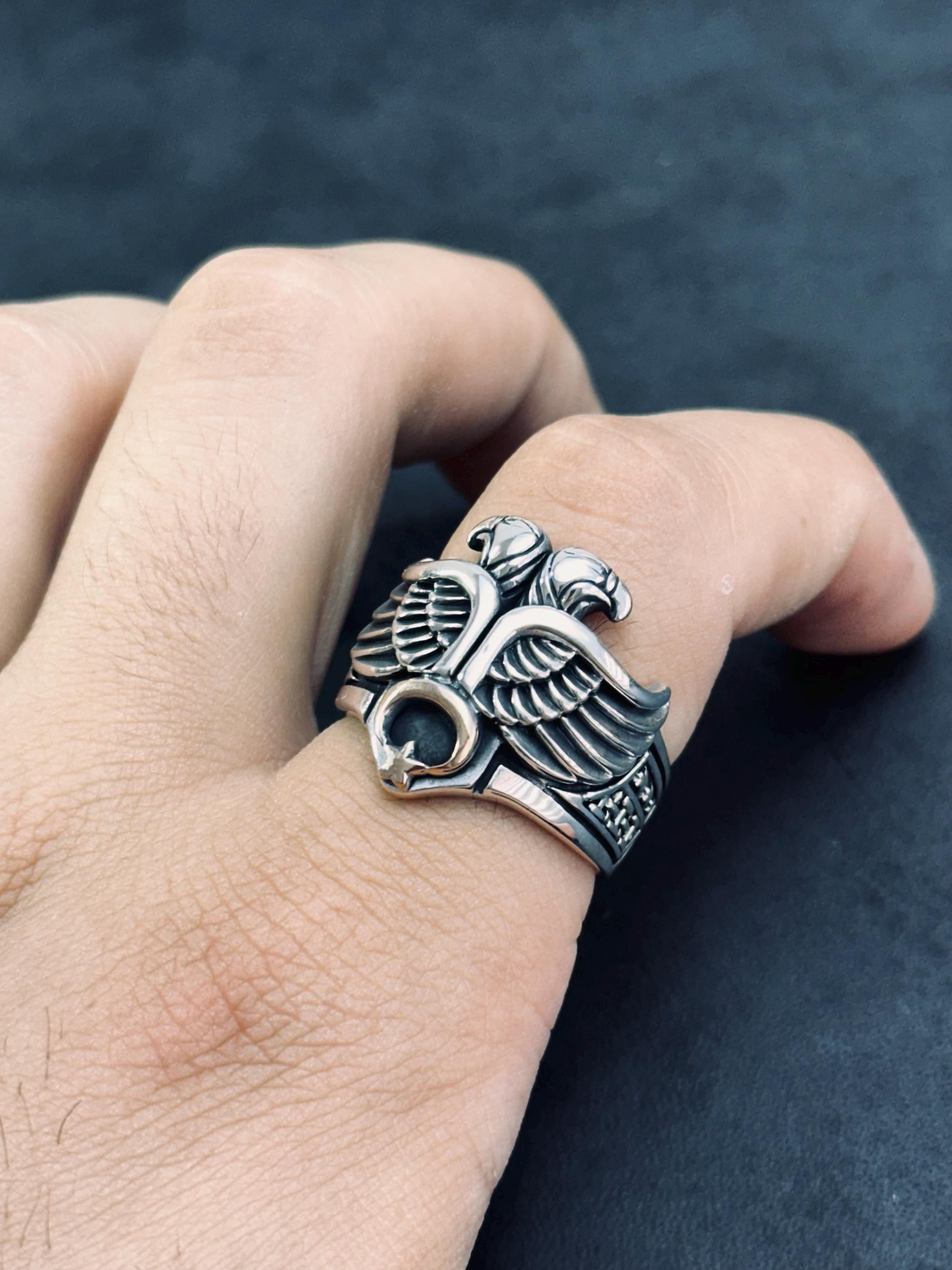 Sterling Silver Eagle Ring: Double-Headed Design - Bold Statement